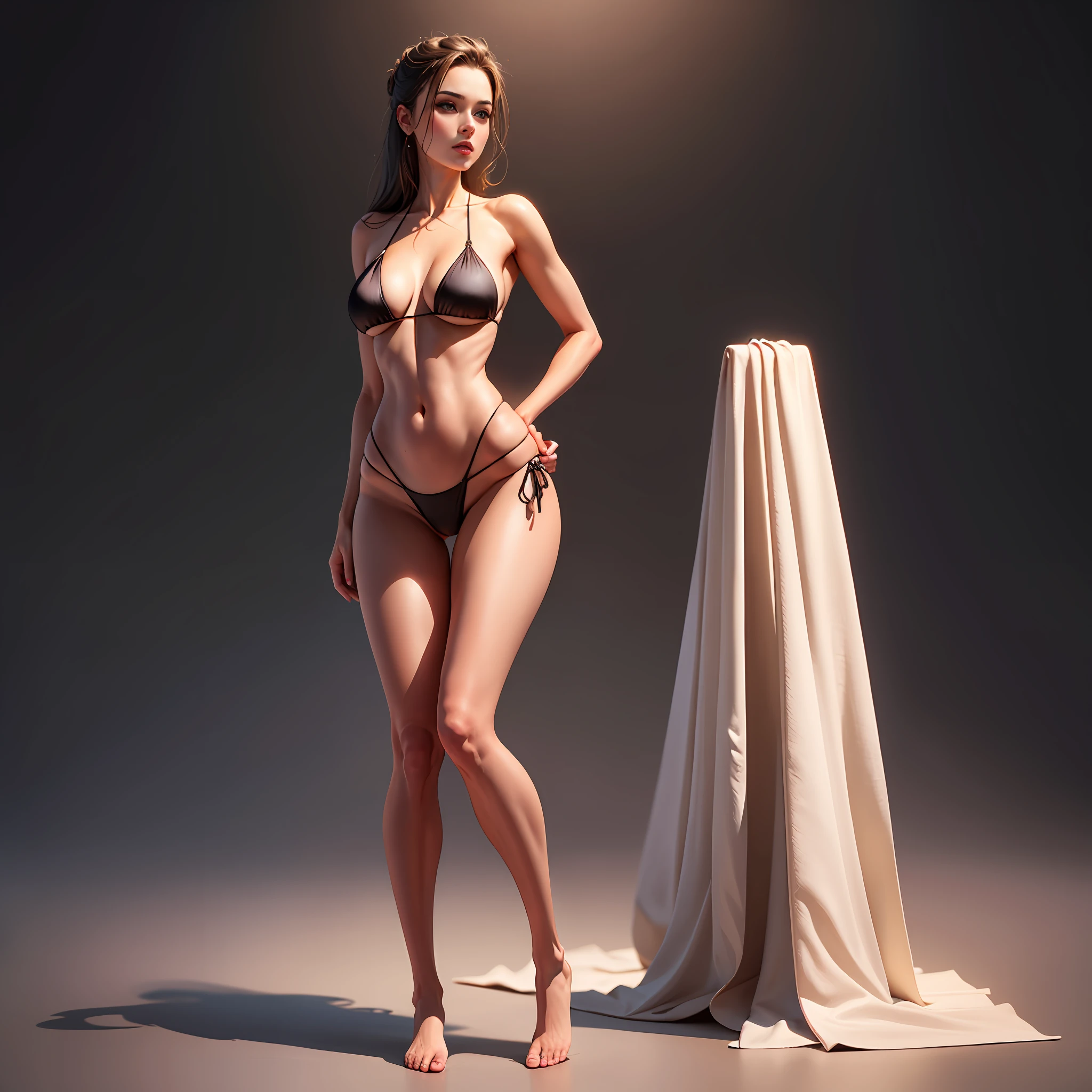 tmasterpiece,A beautiful female model,Superstar,Wearing a silk bikini,Stand on solid background,Natural posture for the whole body,full body detailing,Full-body art,detail in face,Detailed body part details,8k wallpaper,super model,Sexy art,film art,Perfect art
