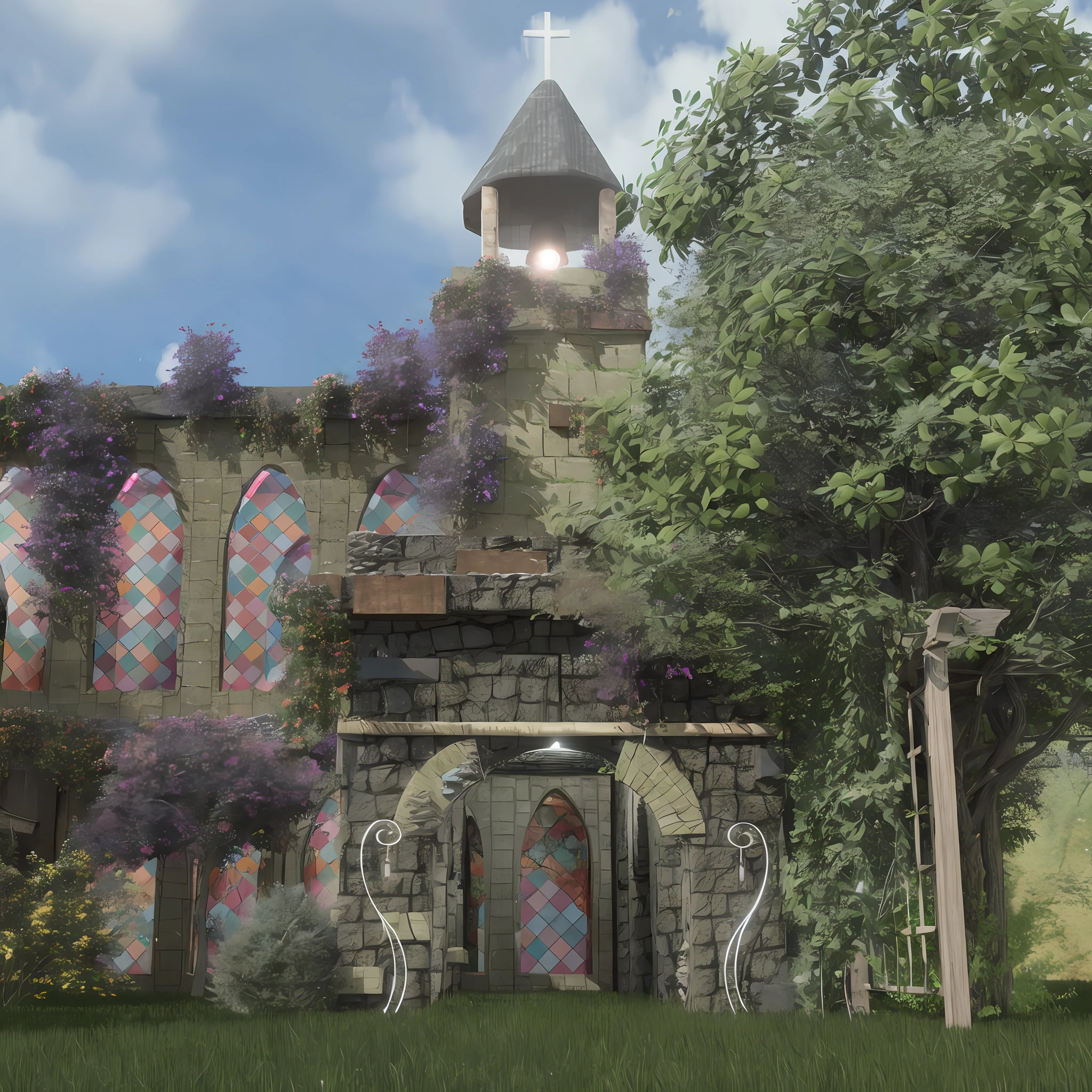 There is a castle with a bell tower and gardens, beautiful render of a fairytale, realistic fantasy rendering, inside her surreal vr castle, fantastical setting, stylized as a 3d render, faery palace, medeival fantasy town, fantasy render, photograph of enchanted garden, stuning fantasy 3 d render, fantasia 3 d render, fairy tale place