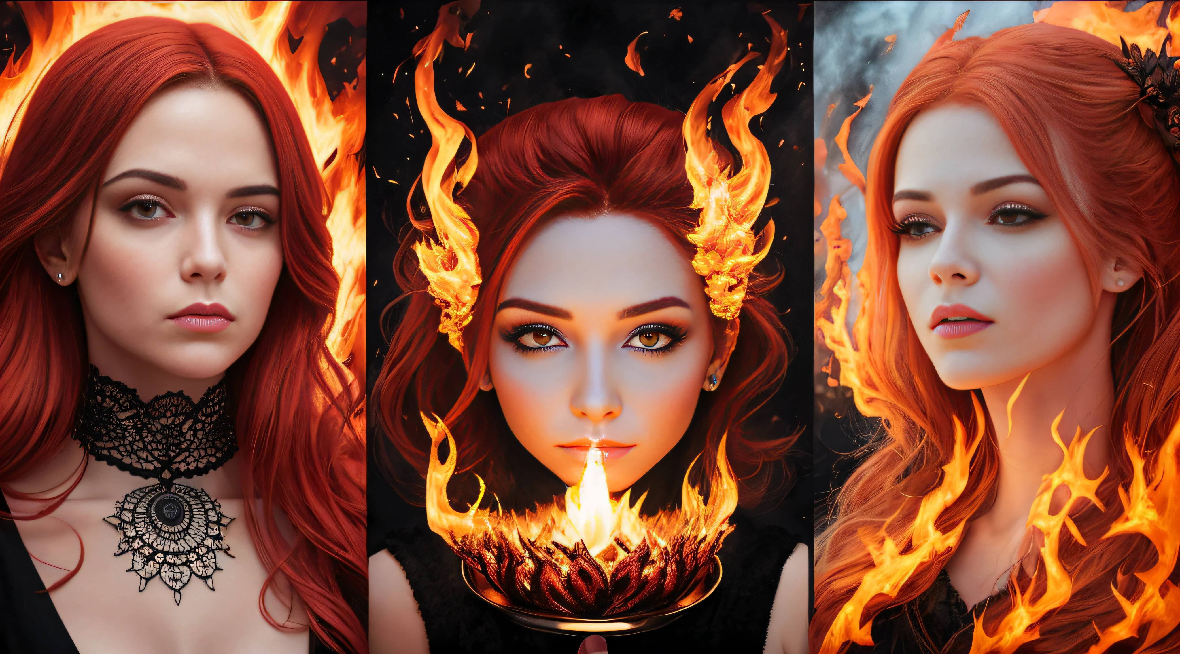 there are four pictures of a girl with red hair and a candle, holy flame spell, scary horrifying satanic rituals, flame conjuring, casting a flame spell, usando chamas tumultuosas, !5 three eyed goddesses, burning hands, casting fire spell, the 5 th element, Directed by: Bernardino Maio, todo o rosto coberto com um fogo, inspirado em Gottfried Helnwein