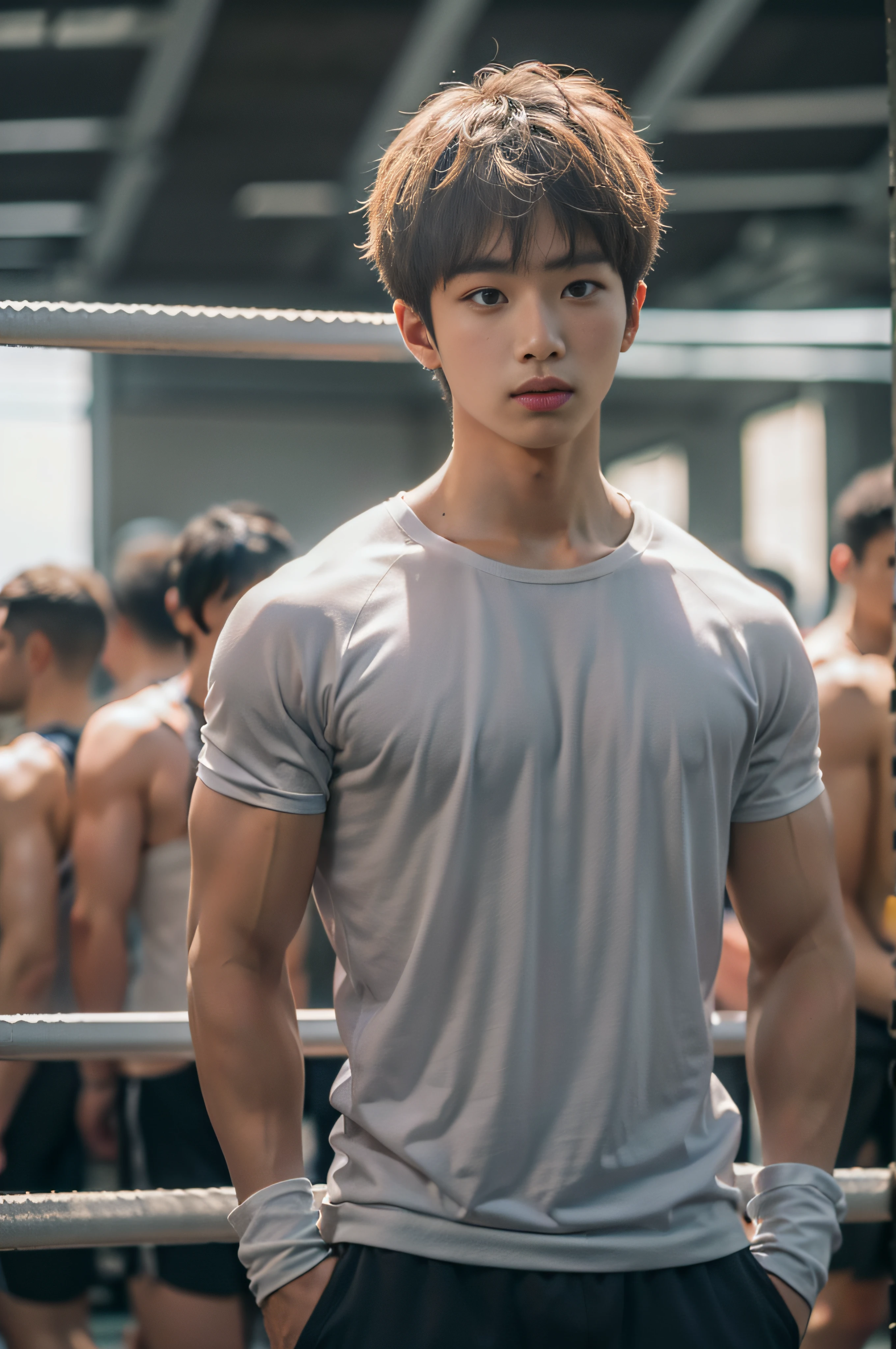 Best quality, super high resolution, (realistic: 1.4), bust photo, gym, 1 asian boy, standing, gym clothes, short hair, upper body naked, muscles, shorts, yang yang, (looking at the audience), (close-up)