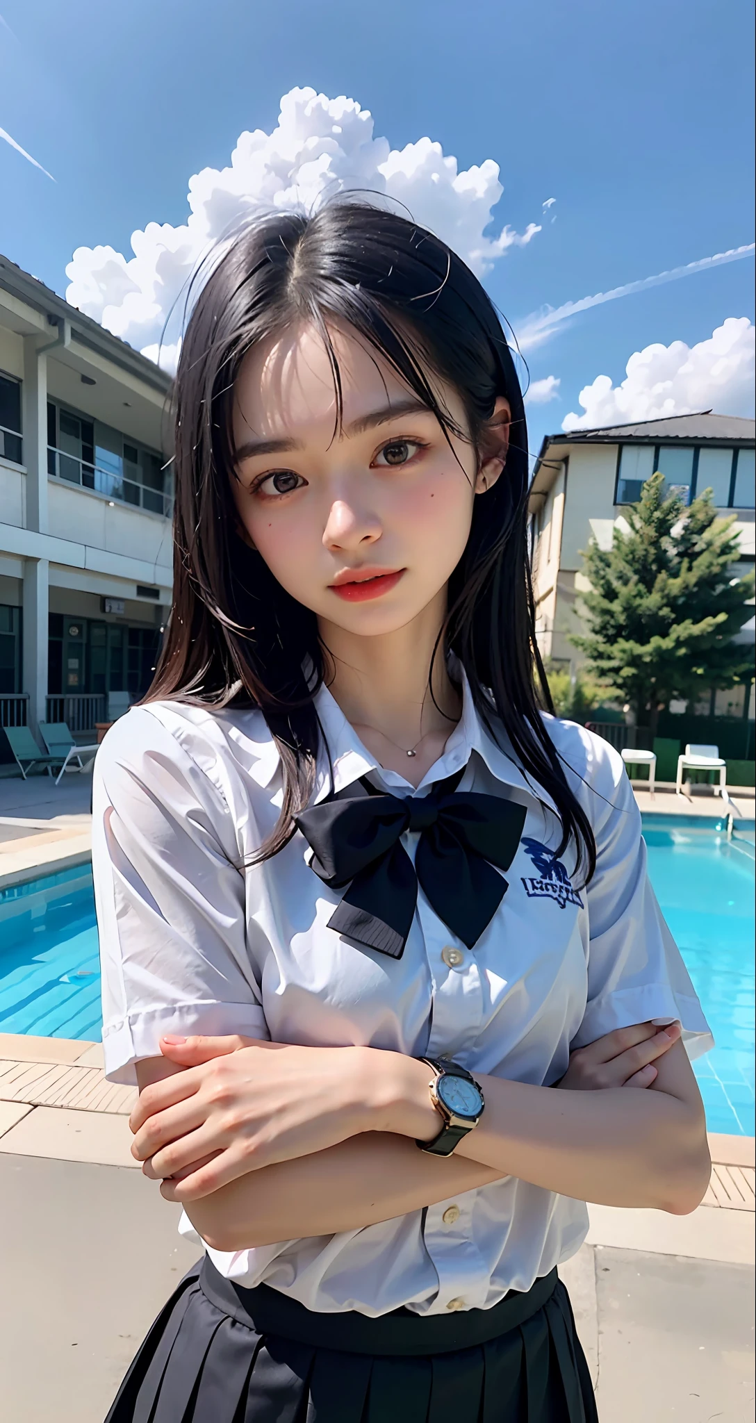 (((top-quality、​masterpiece))、Raw photography、8K、top-quality、 超A high resolution、Beautiful face in every detail、Realistic human skin、Gentle expression、front-facing view、Farbe々From an angle、length hair、realisitic、Photorealsitic、cute little、a short skirt、cute school girl、Japan schoolgirl wearing uniform、Surreal High School Girl、blue-sky、outside of house、in poolside、wrist watch、