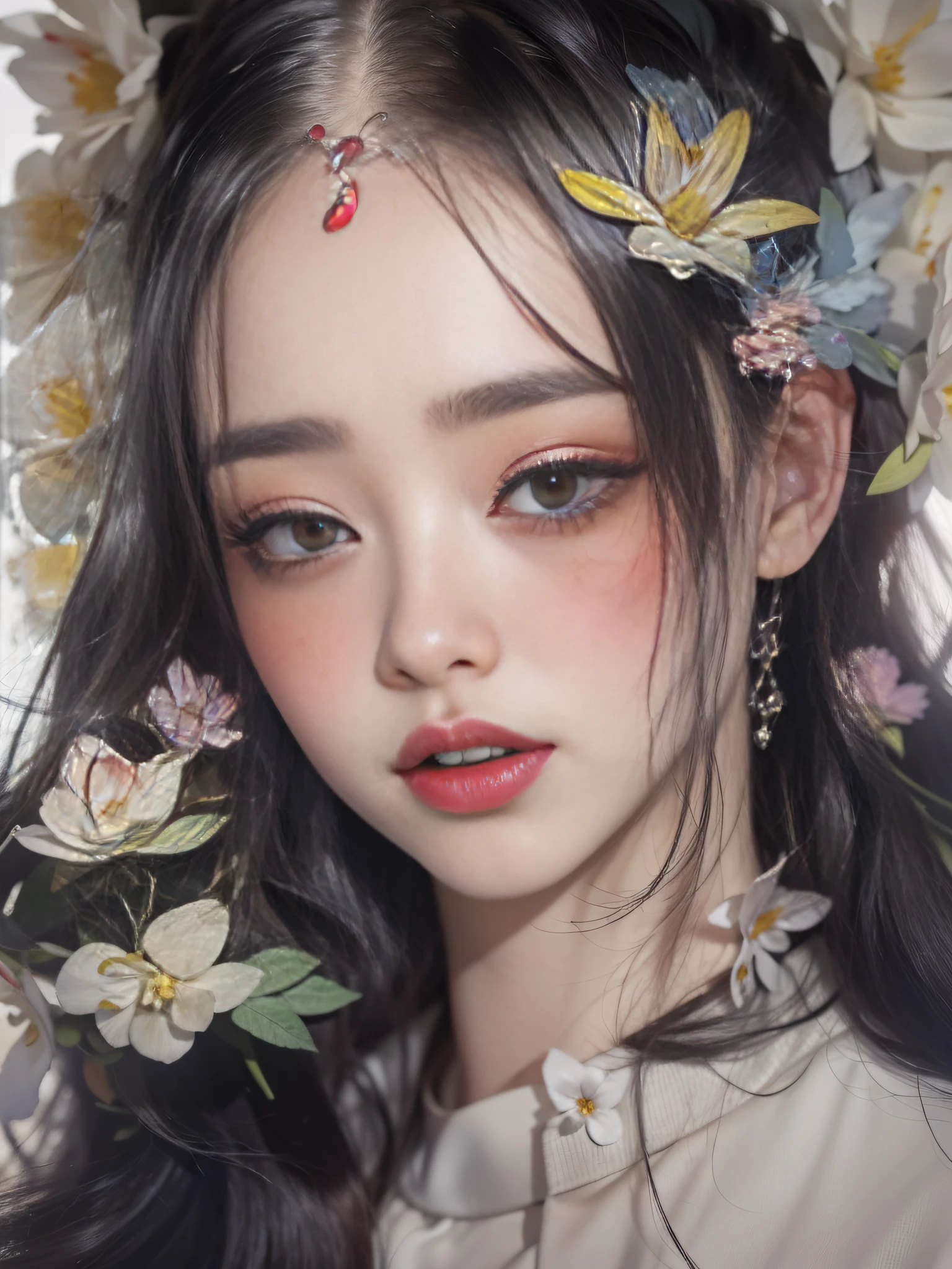 Exquisite facial features，long eyelasher，choker necklace，Leg warming socks，Arm out，ink and watercolor painting，Works of masters，Best image quality，Higher quality，high detal，(超高分辨率)，8K分辨率，Realistic portraits，Serious，braidedbangs，Dark, shiny hair，s the perfect face，Glowing skin，Dancer，Sparkling pupils，Clear jacket，hot pant，Bare shoulders，sitting  sideways，浴室，Dingdall effect，Cinematic lighting，Contour light，Flowers method