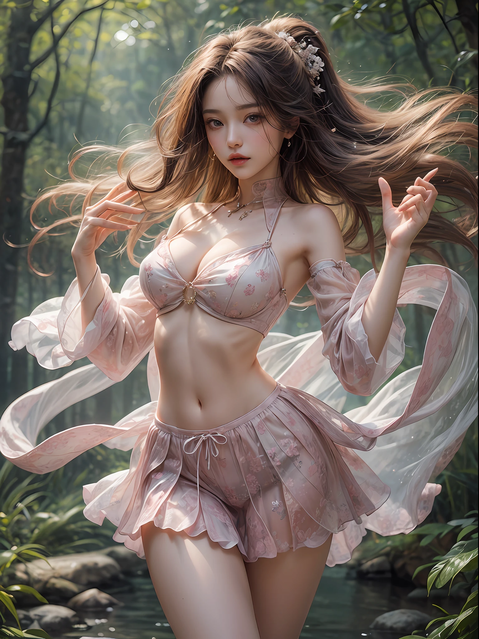 Holding a large see-through stole with pale pink floral pattern with both hands、Swaying in the wind。halterneck、See-through Korean costumes、garterbelts、Upper eye、light-colored skin and loose navel skin,,,。Skirt flutters in the wind and spreads。Dynamic Posing。Dancing Poses。
Loose clothing shows shoulders。Very beautiful girl at 19 years old。
Hair swaying in the wind。 masutepiece、Best Photoreal、portlate、Sheer clothing、wetted skin、Wet hair、Sexy look、Functional、Bewitching、Clothes with an open back、Oblique composition、Waterfall in the forest、Big hair ornament、Medium chest、Navel Ejection、Shiny knee-high socks、Bold open chest clothes、、hair adornments、