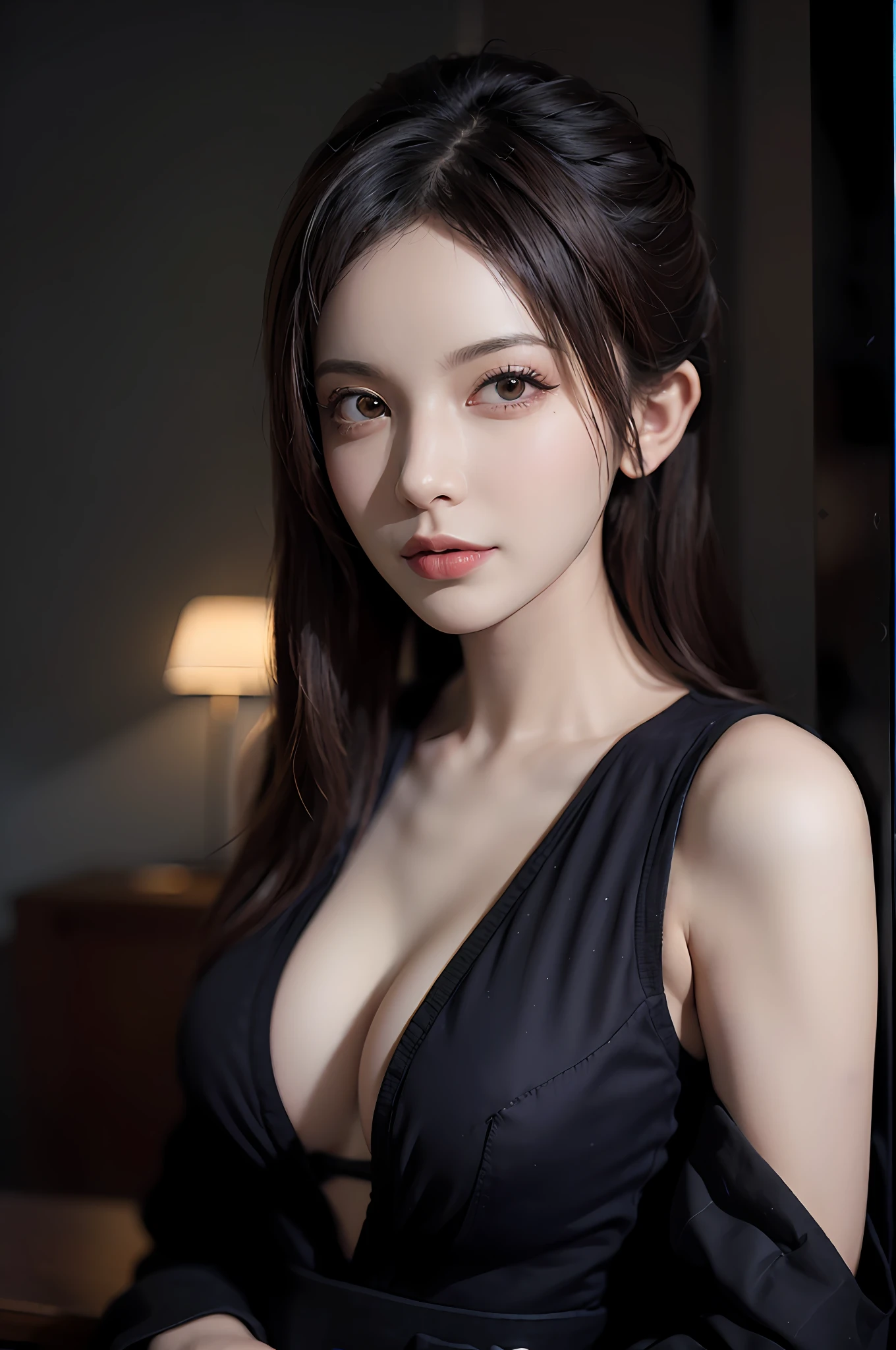 (Front focus),(in the darkness nigth:1.6),Surrealist portraits of women by David Hockney and Alphonse Mucha,Fantasyart,photographrealistic,动态照明,art stations,poster for,Volumetriclighting,Very detailed faces,4 k'',Award-Awarded, 1girll, In the dark, deepshadow, low tune, Cowboy shot, (official clothes:1.4), long whitr hair, whaite hair,The shirt,no underwares,爆乳,Deep cleavage,More seductive poses