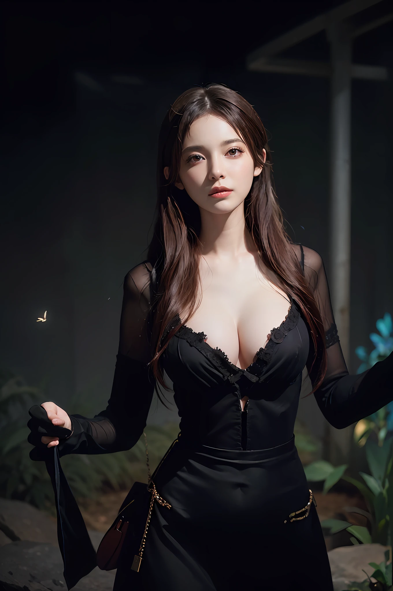 (Front focus),(in the darkness nigth:1.6),Surrealist portraits of women by David Hockney and Alphonse Mucha,Fantasyart,photographrealistic,动态照明,art stations,poster for,Volumetriclighting,Very detailed faces,4 k'',Award-Awarded, 1girll, In the dark, deepshadow, low tune, Cowboy shot, (official clothes:1.4), long whitr hair, whaite hair,The shirt,no underwares,爆乳,Deep cleavage,(big breasts exposed cleavage)