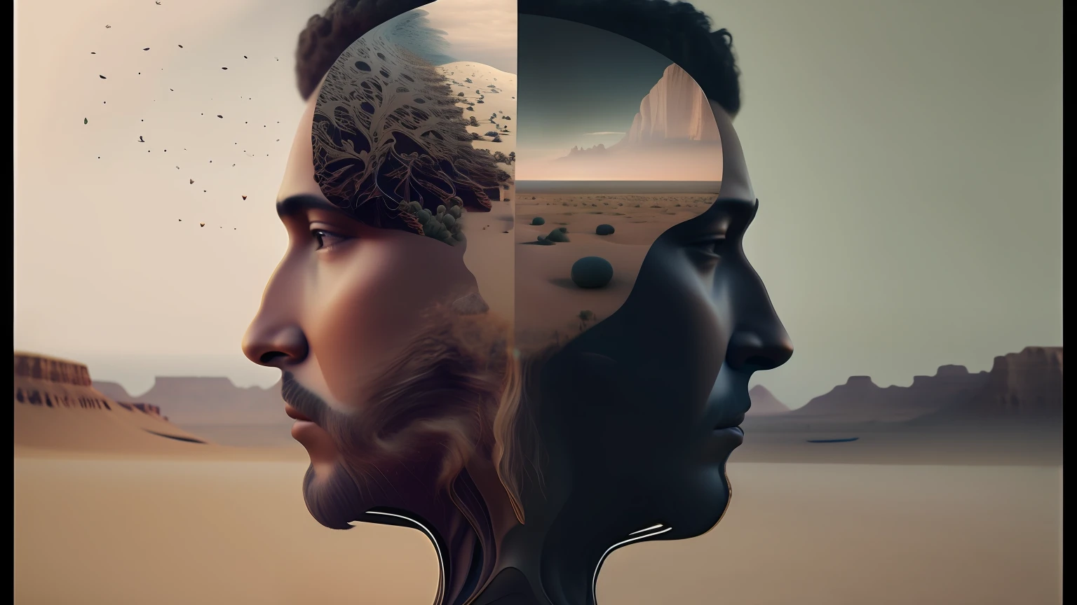 There is a man with a beard and head with a desert landscape in the background, Retrato VFX altamente detalhado, Sylvain Sarrail e Igor Morski, retrato vfx altamente detalhado de, photo manipulation, Grande arte digital com detalhes, symmetrical artwork. cinemactic, VFX surreal altamente detalhado, they share one head. cinemactic, pintura fosca da mente humana, Meia cara