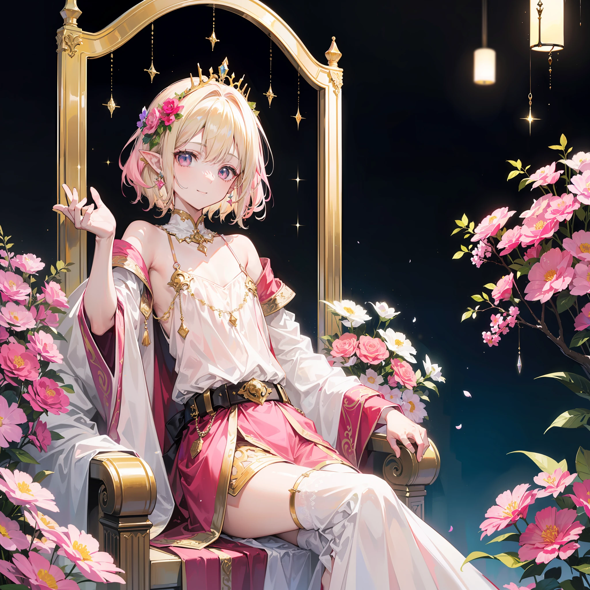 young man, twink, (((male))), (((man))), (((one person))), single, solo, (((very light blonde hair))), (((pink colored eyes))), (medium short hair), (chin-length hair), wavy hair, slim body, ((flat chest)), (((fantasy style))), (((wearing flowers in his hair))), wearing a small crown, ((pointy ears)), (((light pink colored eyes))), smooth skin, (((wearing fantasy clothes))), smiling, (((sitting on a big throne))), ((detailed decorated throne)), (inside a fantasy palace)