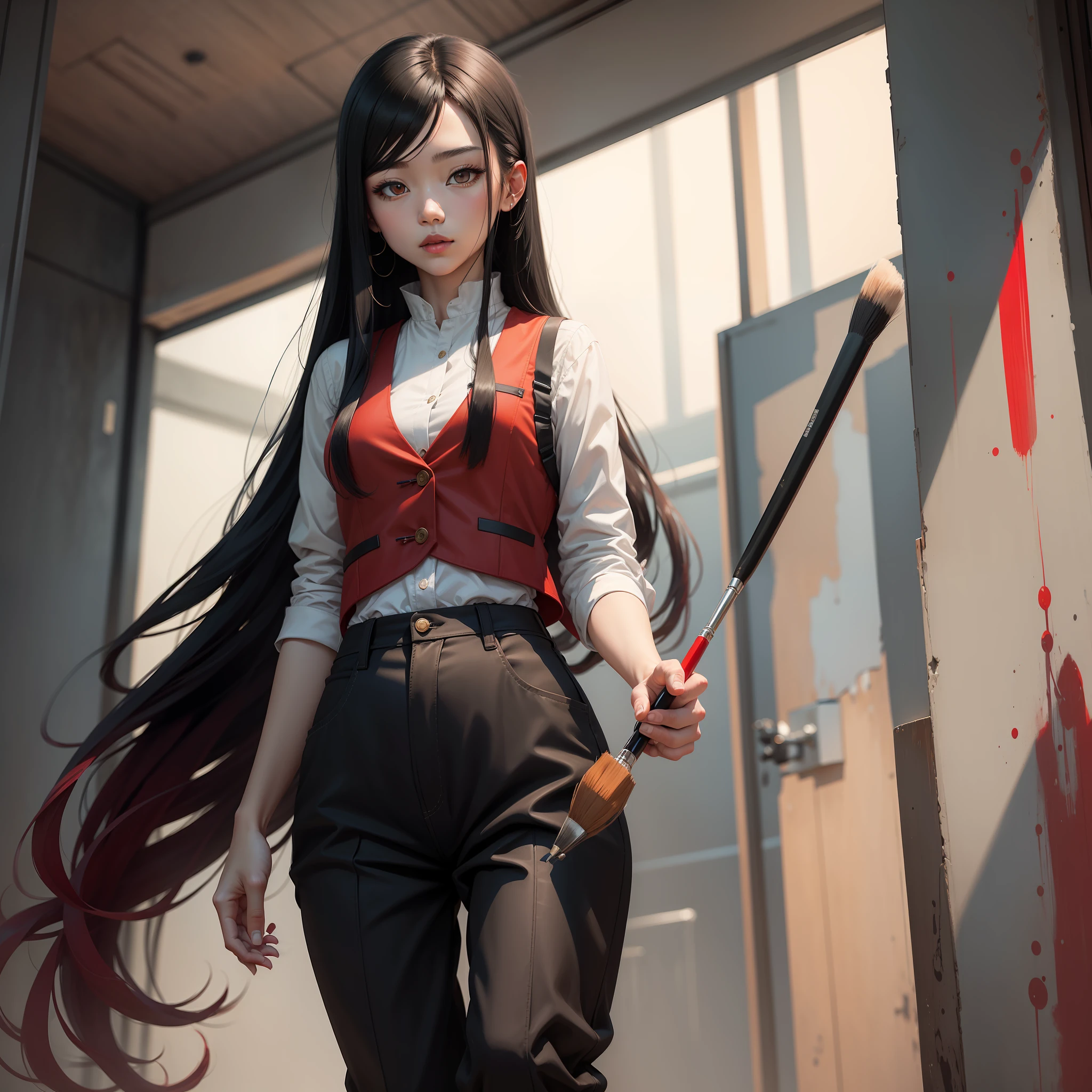 Girl with a paintbrush,Wearing a red vest,Long black hair,long trousers,8K分辨率。