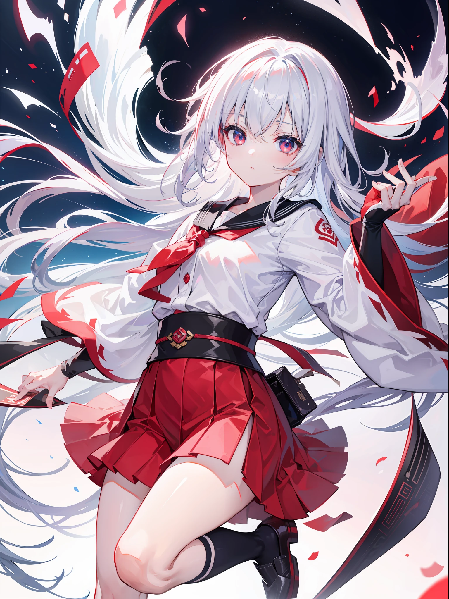 （CG Unity 8K wallpaper with the best picture quality and ultra-detail、tmasterpiece），Floating、A high resolution、dynamic angle、Dynamic pose、A young girl、Silvery hair（1.3）、red color eyes、Morbidly cute、Japanese Student Uniform