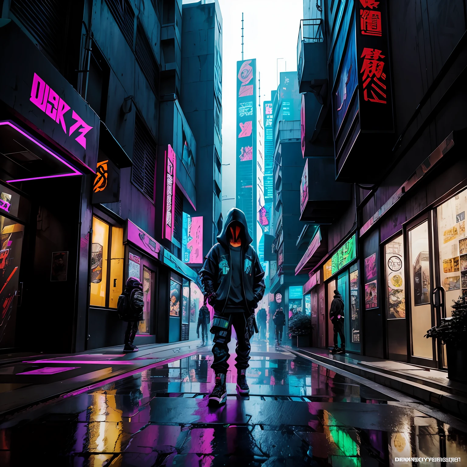 On the sidewalk of the city stands a man, Digital cyberpunk anime art, cyberpunk street goon, Guviz-style artwork, Hyper-realistic cyberpunk style, cyberpunk streetwear, digitl cyberpunk - anime art, cyberpunk anime girl in hoodie, Cyberpunk art style, cyberpunk anime art, wearing cyberpunk streetwear, anime cyberpunk art, cyber punk style