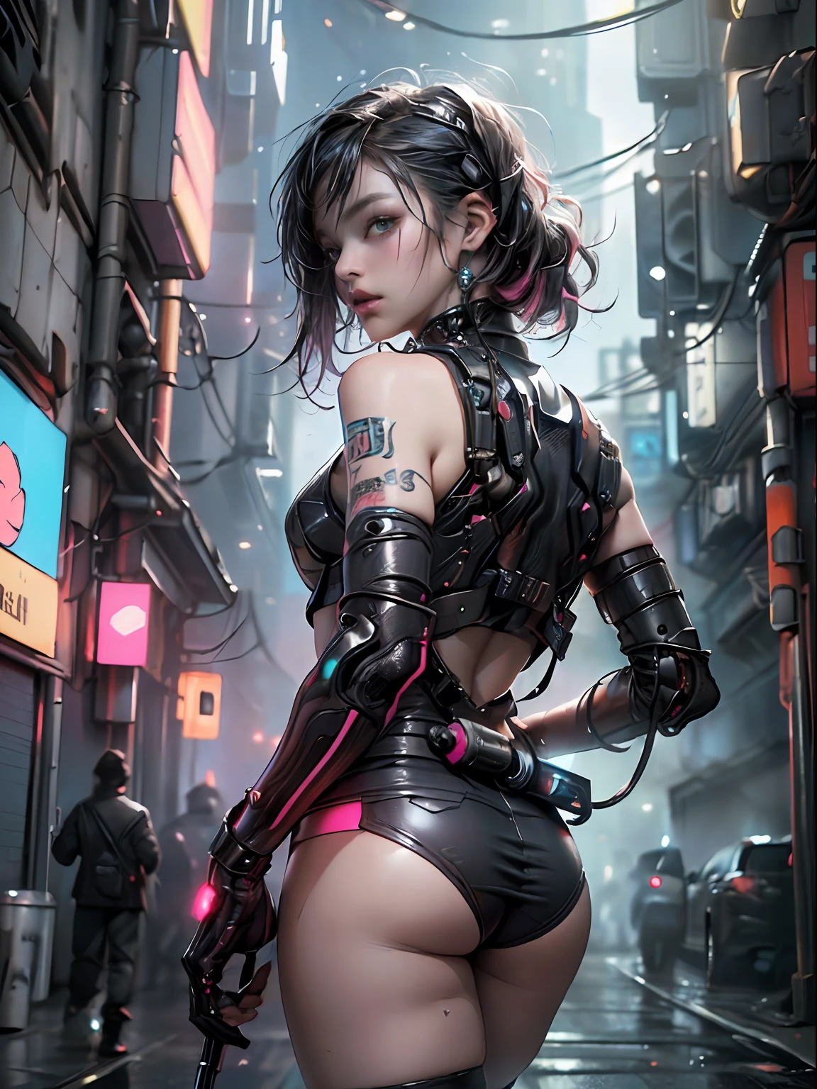 cyber punk Girl,(top-quality、8K、32K、masterpiece、nffsw:1.3)、(The ultra -The high-definition)、(Photorealsitic:1.4)、Raw photography,Charming perfect figure,actionpose:1.2,Detailed cyberpunk fashion、World of Cyberpunk,depth of fields,blurry backround,、