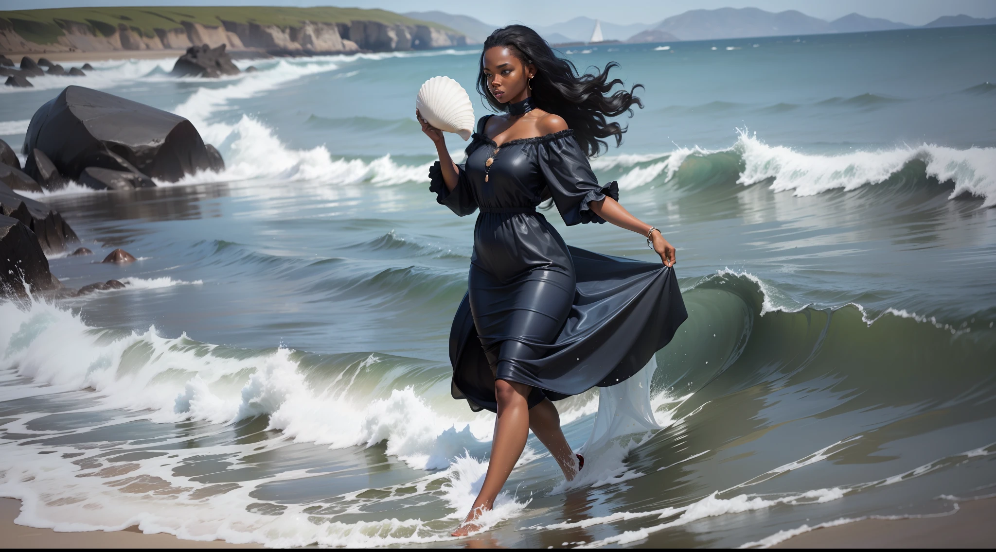 a black woman, wearing a blue dress, emerging from the sea with a shell in her hand