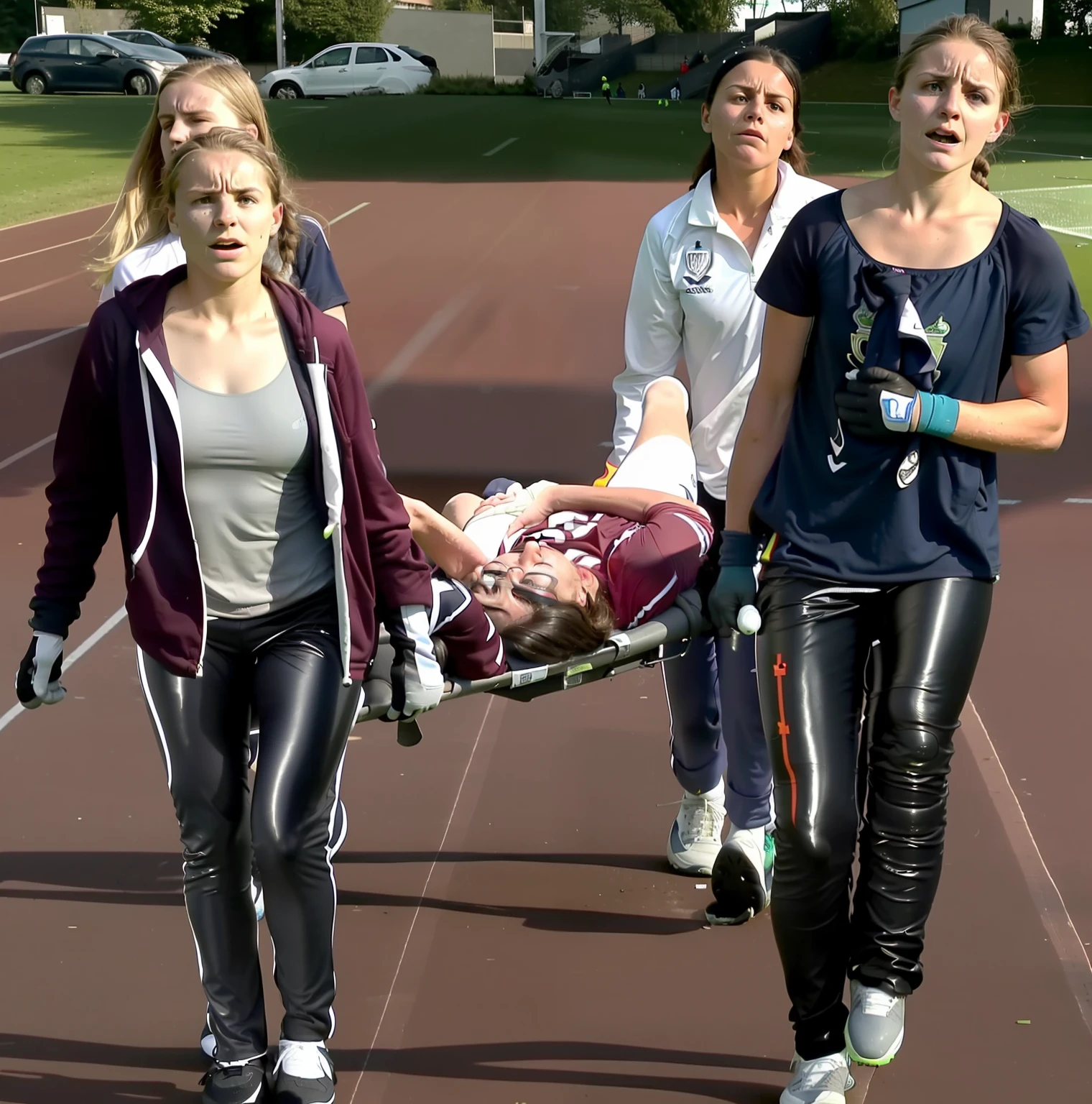 a soccer scene in a german sports stadium, injury scene in a sports stadium, stretcher carry, an injured soccer player is lying head first on his back on a stretcher and is covering his head with the hand, there are four young schoolgirls in shiny leather-trousers carrying a stretcher, there are four longhaired schoolgirls in high-shine latex-leggings who are carrying a stretcher in a german sports stadium, there is a wounded male soccer player in a short sports outfit lying head first on the stretcher, an injured male soccer player is lying head first on his back on a stretcher and is covering his agonised face with a hand, a soccer player is rearing up in intense pain while lying head first on his back on a stretcher and covering his head with a hand, dramatic scene, theatralic posing scene, dramatic pity scene, injury soccer, first aid, help, pity, there are four very angry looking schoolgirls in shiny latex-trousers who are looking very sad and very terrified and very shocked, the injured soccer player is screaming out in pain while he is carried from the pitch on a stretcher