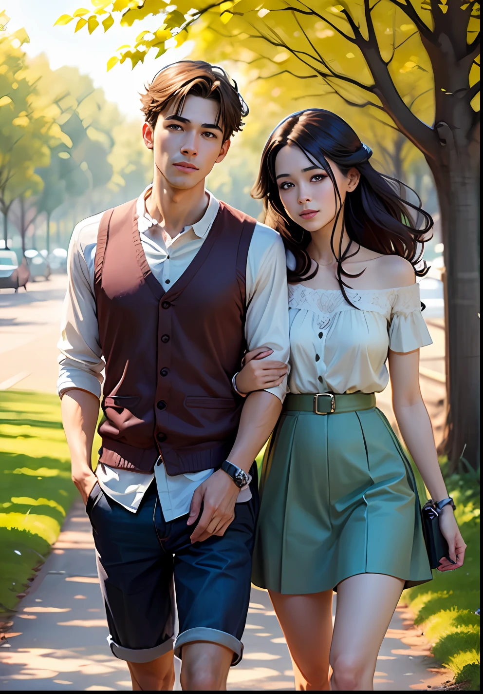 painting of a couple standing under a tree in a park, couple pose, [ digital art ]!!, realistic picture, photorealistic!!!!!!! art style, watercolor digital painting, romantic couple, lovely couple, couple portrait, couple, beautiful drawing style, colorized pencil sketch, official fanart, a beautiful artwork illustration, digital cartoon painting art, couples portrait, made with anime painter studio --auto