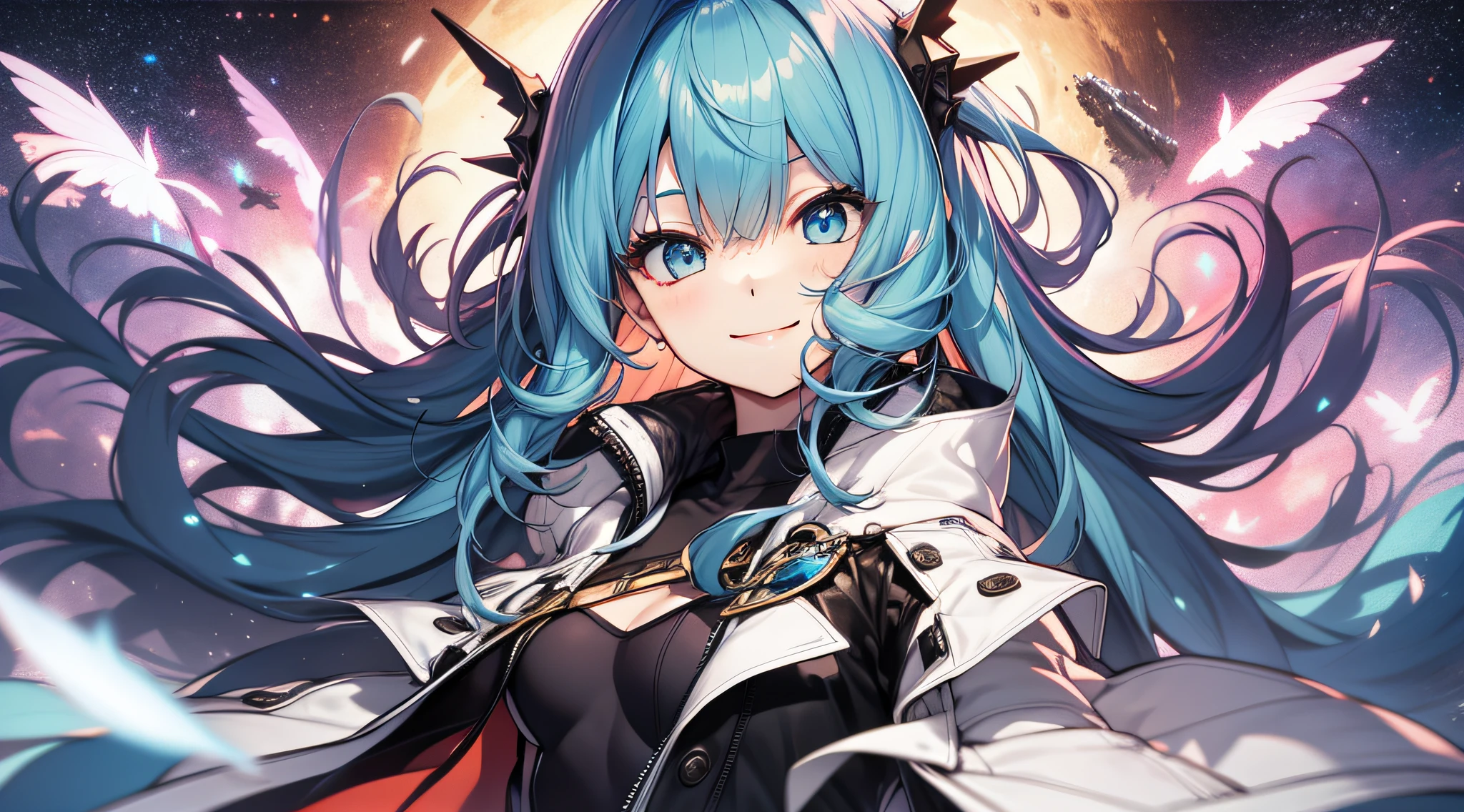 Girl with open arms、strong breeze、yuki、Thick coat、a smile、long blue hair、kirakira、intergalactic、looking at the viewers、overlooks