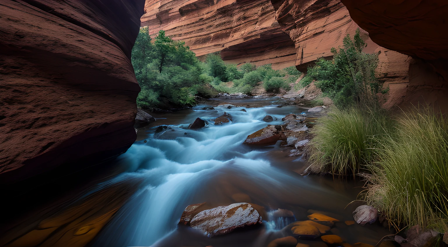 Still and clear stream between a deep canyon, realistic photography, 8K, UHD