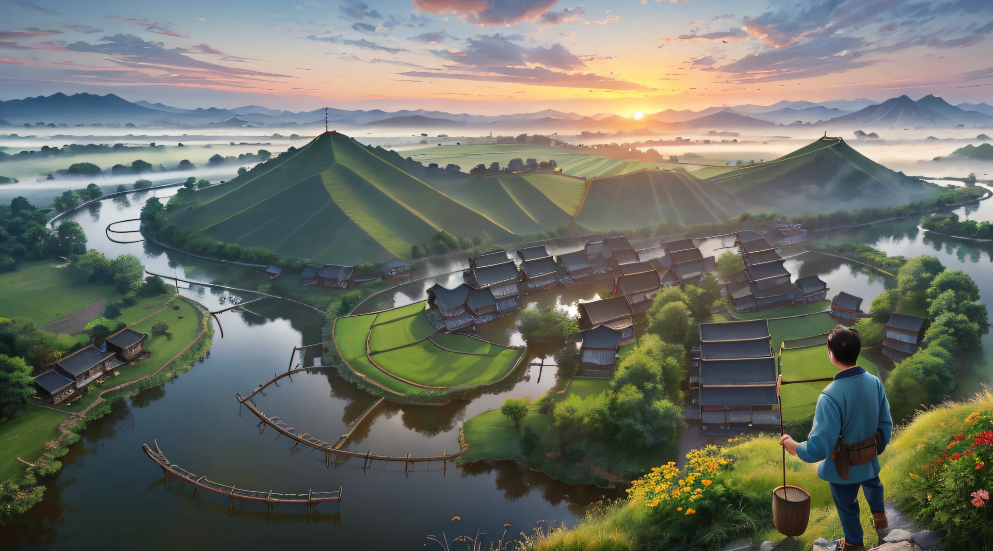 8K,k hd,CG,Complex textures,Complex scenes,Large depth of field,bird's eyes view,Complex light,The rising sun,Chinese farmhouses,Morning mist,uni,lakes,SUV,tenten,A man is fishing