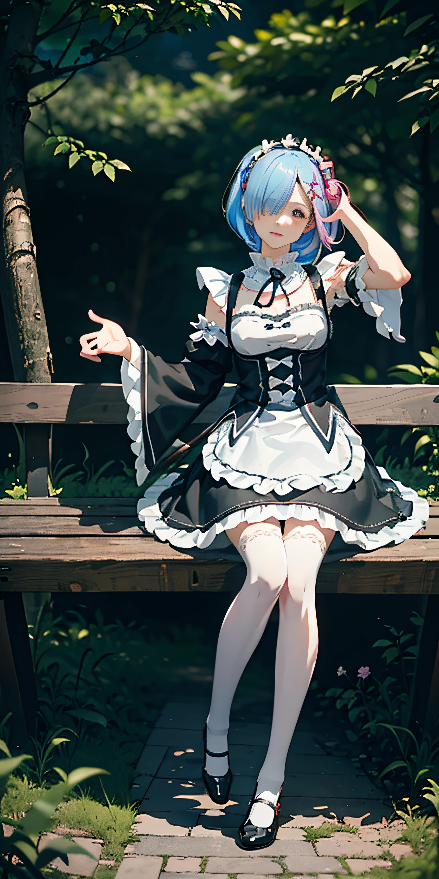 ram, 1girl in,(Beautiful face:1.25) short pink hair, Red eyes, Hair over one eye, Hair Ornament, blue hair ribbon, Ram's Maid Outfit, Detached sleeves, White lace legwear, Black shoes, (Realistic:1.7),((Best Quality)),absurderes,(超A high resolution),(Photorealistic:1.6),Photorealistic,Octane Render,(hyper realisitic:1.2), (Photorealistic face:1.2), (8K), (4K), (masutepiece),(Realistic skin texture), (Illustration, Cinematic lighting,Wallpaper),( Beautiful eyes:1.2),((((Perfect face)))),(Cute),(Standing),((Looking at Viewer)),(Dynamic Pose:1.3), Full body, sitting in a bench, Outdoors, Park, lawn, Flowers, paths, castle, lake, station