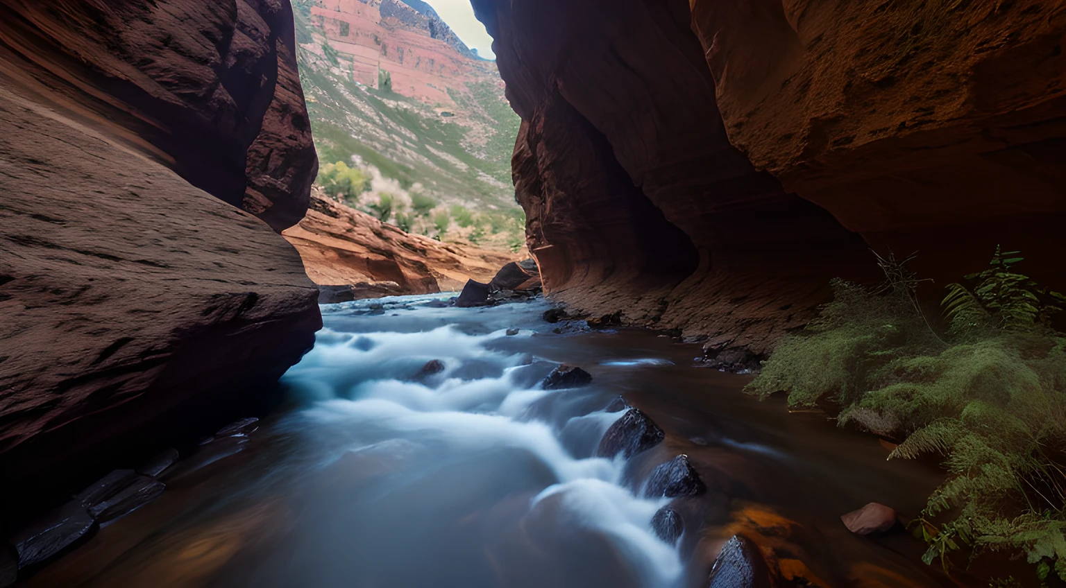 Still and clear stream between a deep canyon, realistic photography, 8K, UHD