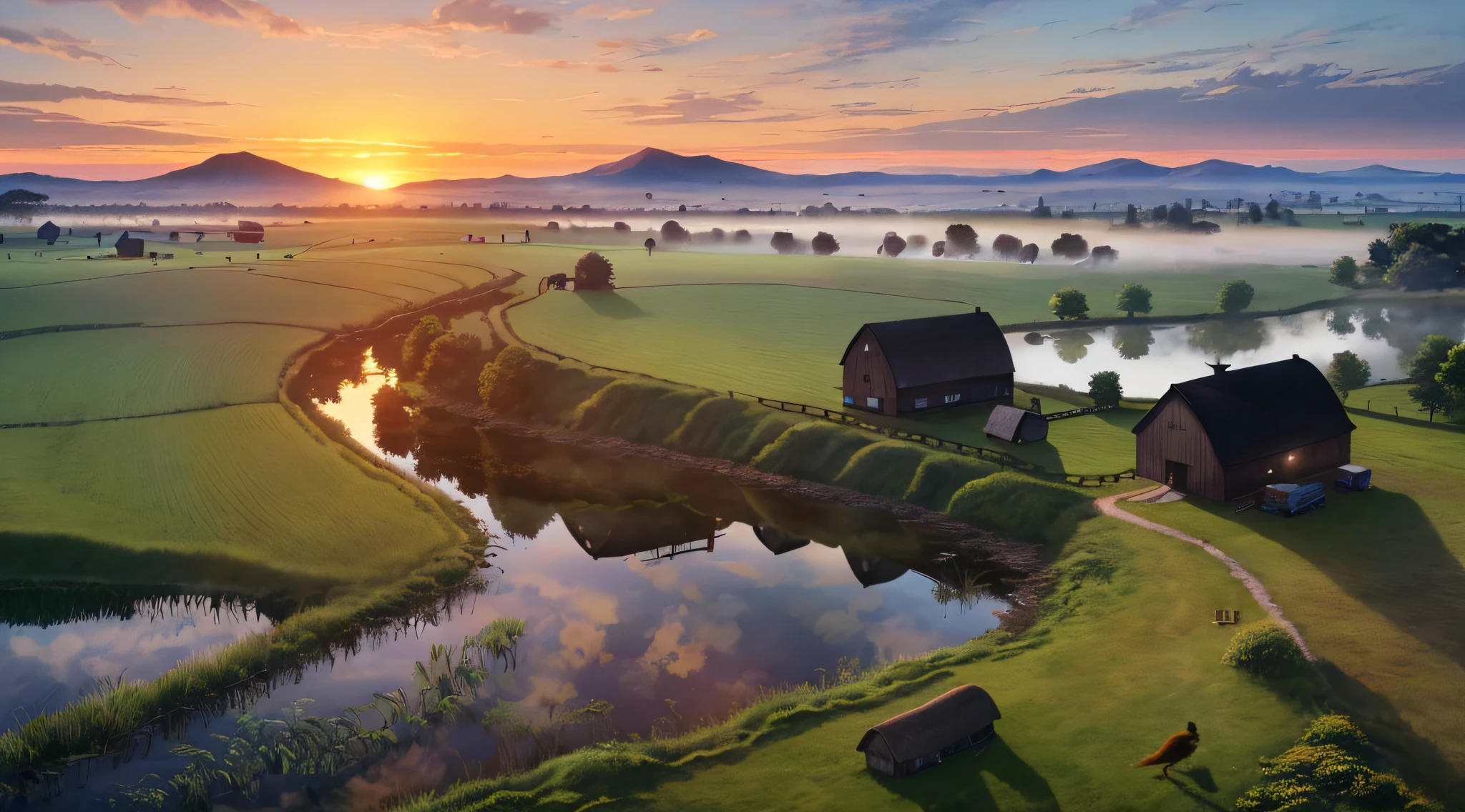 8K,k hd,CG,Complex textures,Complex scenes,Large depth of field,bird's eyes view,The rising sun,Farm dwellings,Morning mist,uni,lakes,SUV,tenten,A man is fishing