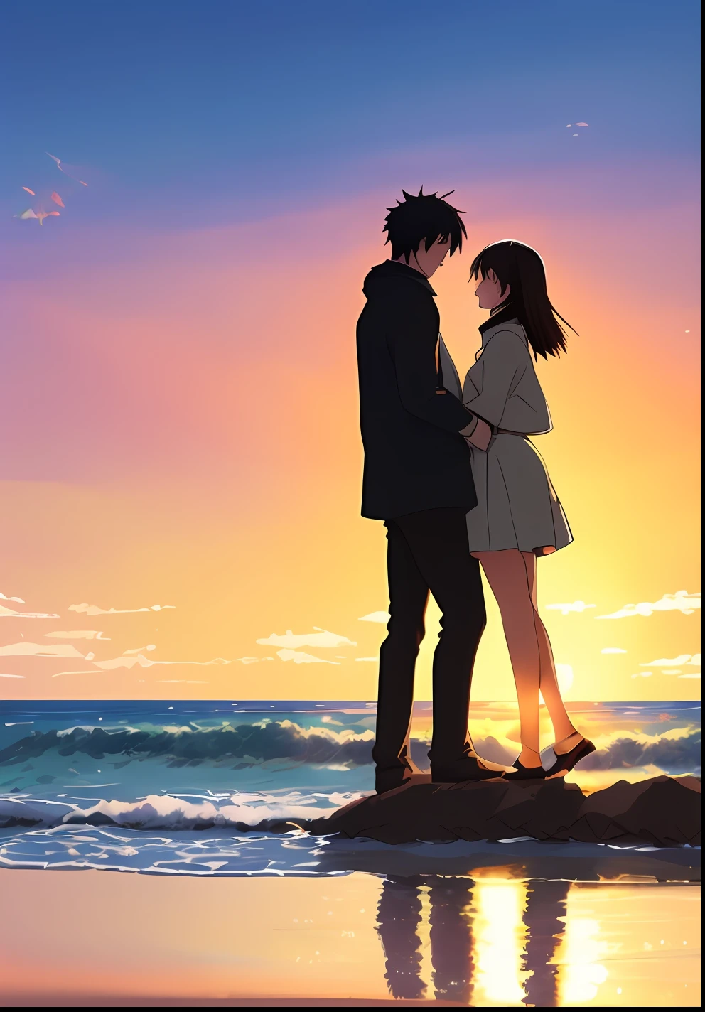 anime couple standing on a beach looking out at the ocean, romantic couple, artwork in the style of guweiz, guweiz, lovely couple, with sunset, guweiz and makoto shinkai, sakimichan and makoto shinkai, romanticism art style, by Yang J, with a sunset, 8k)), romantic painting --auto