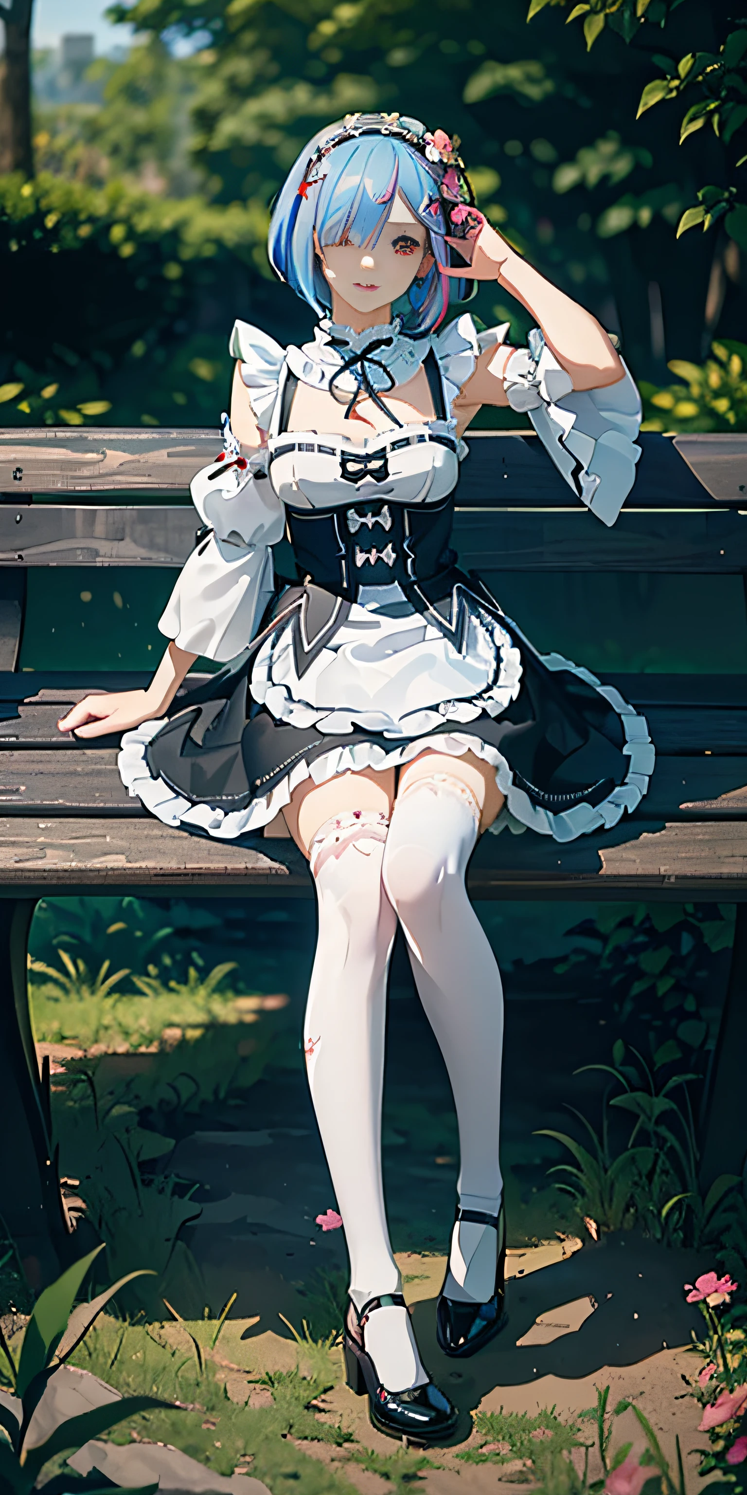 ram, 1girl in,(Beautiful face:1.25) short pink hair, Red eyes, Hair over one eye, Hair Ornament, blue hair ribbon, Ram's Maid Outfit, Detached sleeves, White lace legwear, Black shoes, (Realistic:1.7),((Best Quality)),absurderes,(超A high resolution),(Photorealistic:1.6),Photorealistic,Octane Render,(hyper realisitic:1.2), (Photorealistic face:1.2), (8K), (4K), (masutepiece),(Realistic skin texture), (Illustration, Cinematic lighting,Wallpaper),( Beautiful eyes:1.2),((((Perfect face)))),(Cute),(Standing),((Looking at Viewer)),(Dynamic Pose:1.3), Full body, sitting in a bench, Outdoors, Park, lawn, Flowers, paths, castle, lake, station