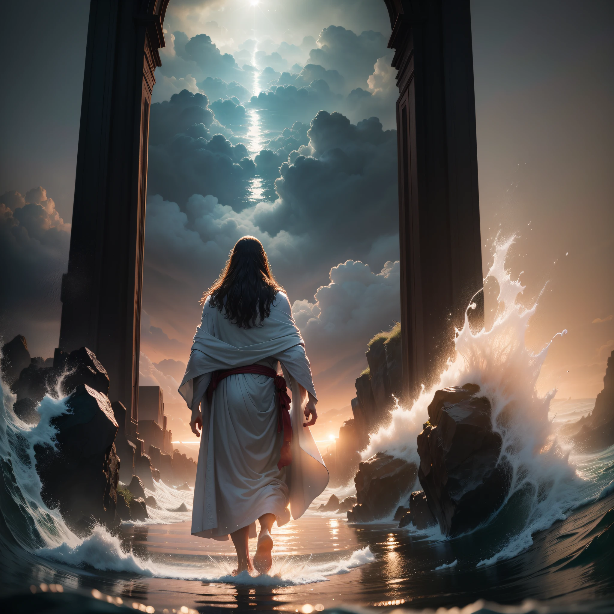 Ultra realistic photo,cinematic scene,jesus walking on water in the middle of a storm, masterpiece, best quality, high quality, 8k extremely detailed CG unit wallpaper, award-winning photography, Bokeh, Depth of Field, HDR, bloom, chromatic aberration, photorealistic, extremely detailed, trend in artstation, trend in CGsociety, intricate, high detail, dramatic, art in the middle of the journey,  Volumetric lighting