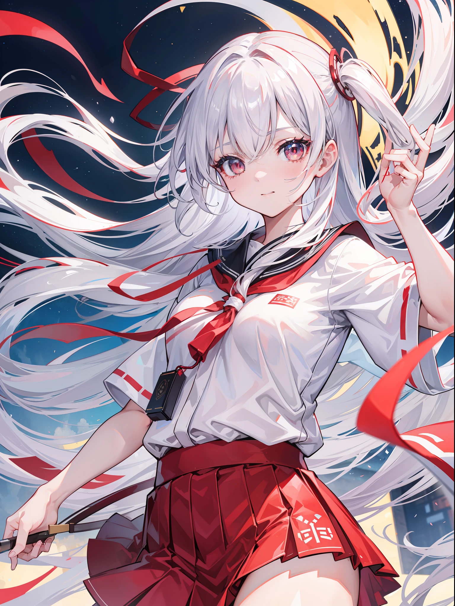 (CG Unity 8K wallpaper with the best picture quality and ultra-detail、tmasterpiece),Floating、A high resolution、dynamic angle、Dynamic pose、A young girl、Silvery hair(1.3)、red color eyes、Morbidly cute、Japanese Student Uniform
