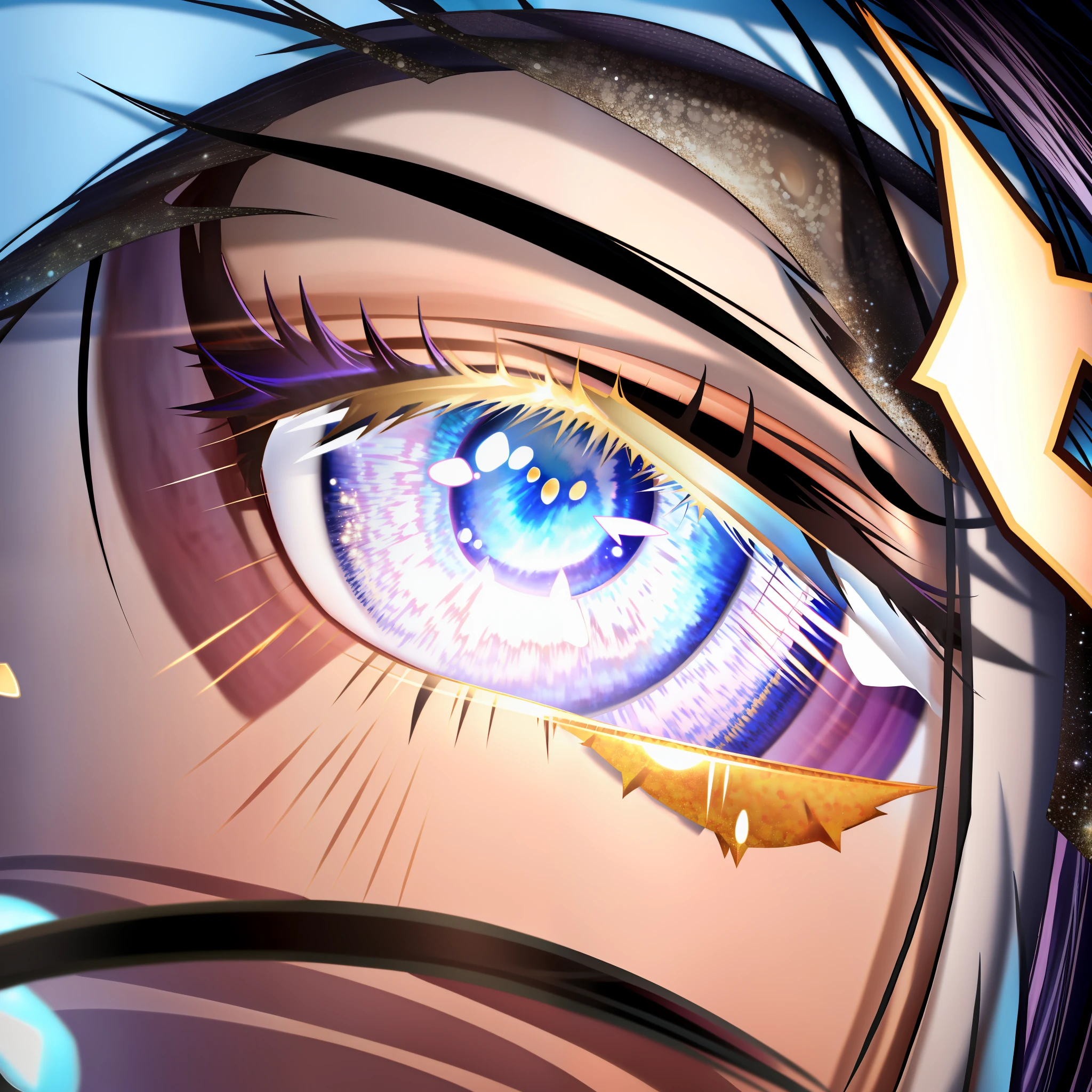 1 girl,(eyes focus),eyes Close-up,((Best quality)),((highly detai)), Maas-Tells,((offcial art)),(Detali Deks,Deep eyes),Depth of field,1 gir,(eyes focus),iridescent eyes,starrysky,(Beautiful galactic eyes with constellations), sparkling hair, Glowing black hair,Long eyelashes,(Tufted black hair),Hoshino as Seth,wide-eyed,