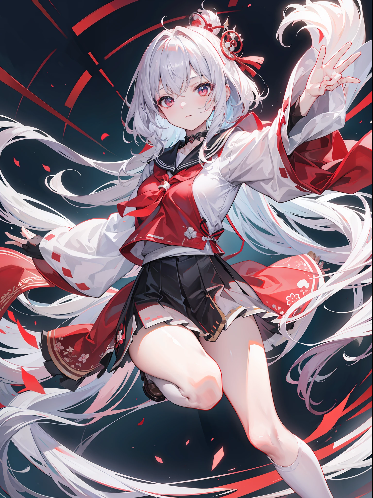（CG Unity 8K wallpaper with the best picture quality and ultra-detail、tmasterpiece），Floating、A high resolution、dynamic angle、Dynamic pose、A young girl、Silvery hair（1.3）、red color eyes、Morbidly cute、Japanese Student Uniform