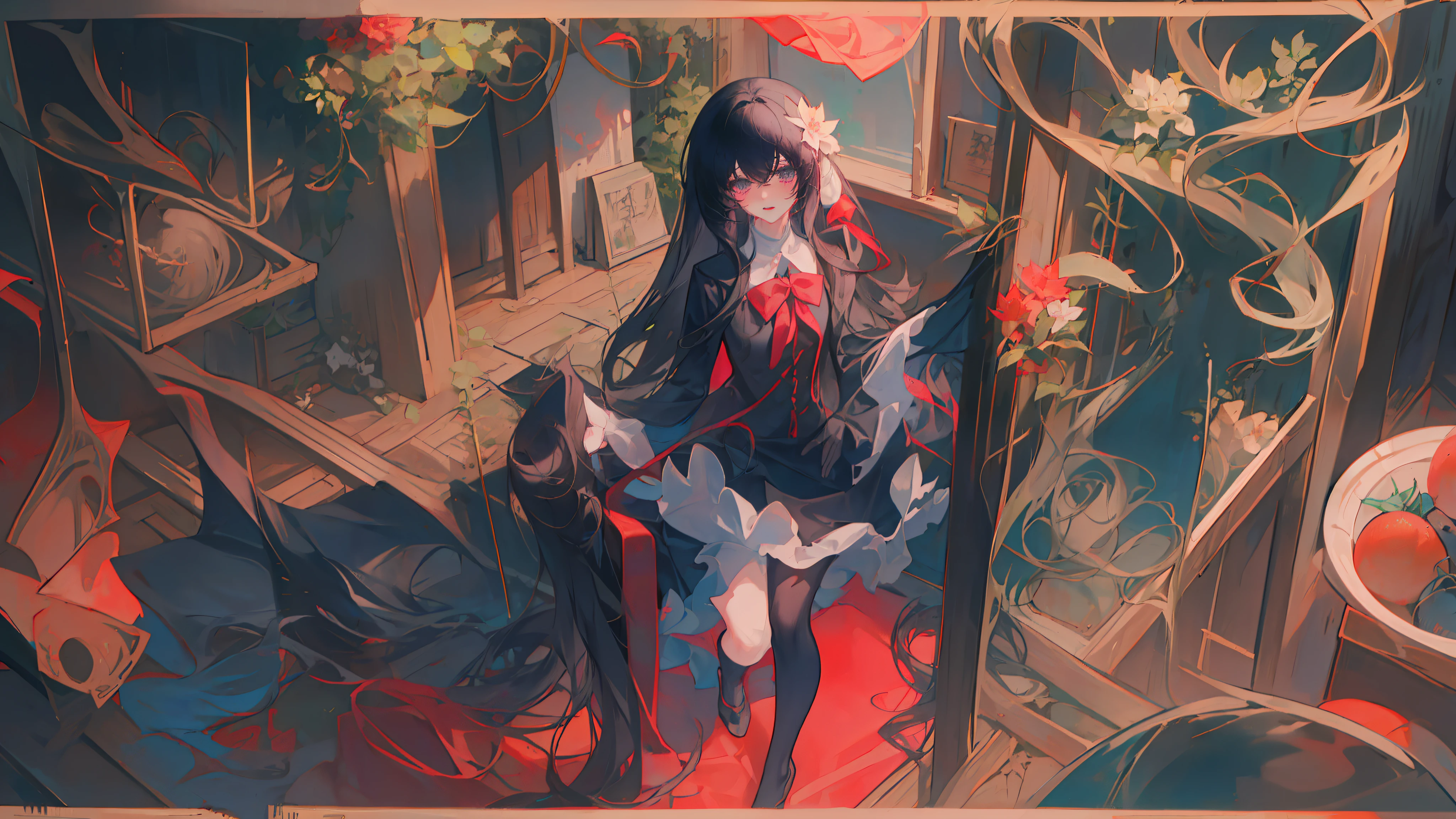 ((Kiriko)), Black hair, Black hair, curtained hair, Long hair, bangs, Messy hair, hair flower, Gradient eyes, streaming tears, Purple eyes, Light smile, ripped apart, Light blush, Red lips, Ray tracing, Anime style, Sony FE GM, character sheets, hyper HD, Best quality