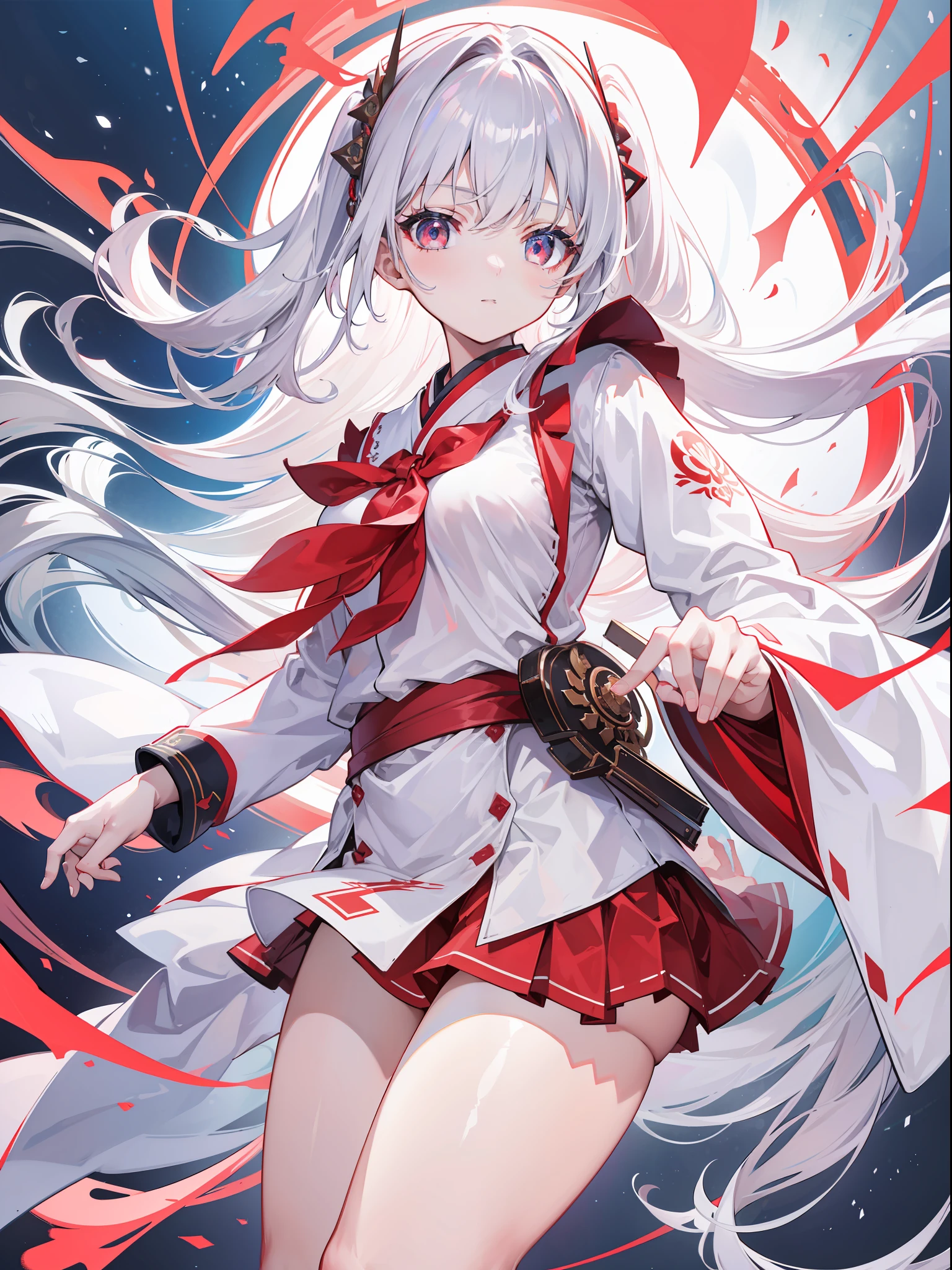 (CG Unity 8K wallpaper with the best picture quality and ultra-detail、tmasterpiece),Floating、A high resolution、dynamic angle、Dynamic pose、A young girl、Silvery hair(1.3)、red color eyes、Morbidly cute、Japanese Student Uniform