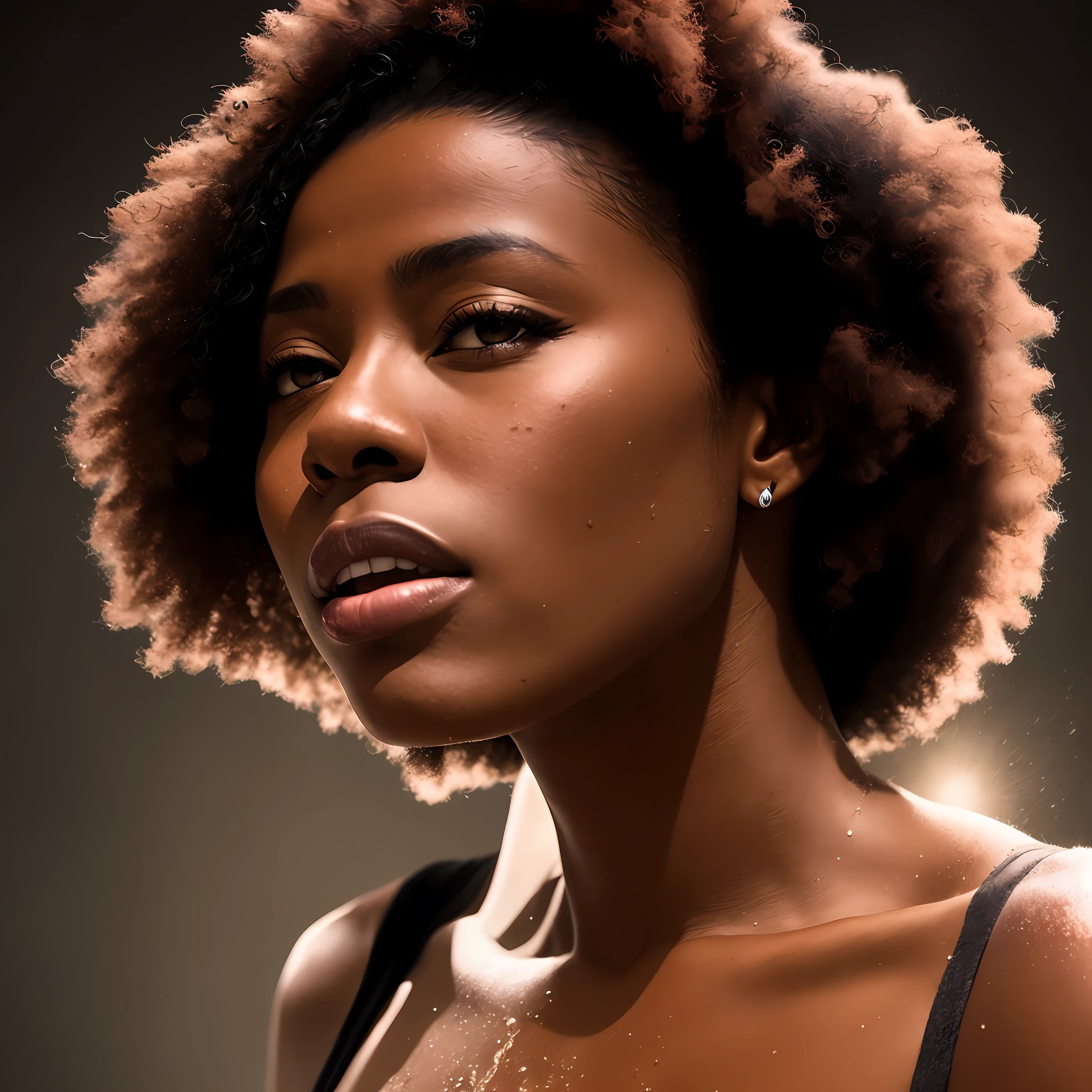 Splash whatercolor, retrato realista mulher negra afro latina, cinematiclight, alta fidelidade, textura de pele, 8k