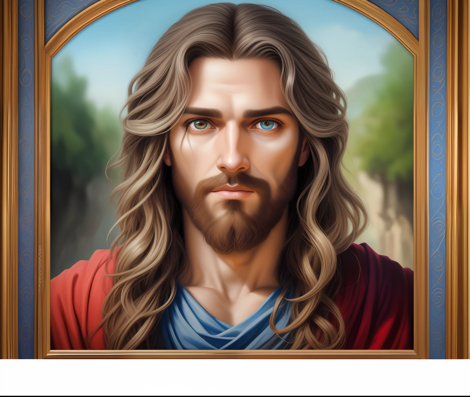 imagem arafed de um homem com cabelos longos e olhos azuis, Retrato de Jesus Cristo, rosto de Jesus, Jesus, Jesus Cristo, jesus of nazareth, retrato da obra-prima religiosa, retrato pintado centralizado, airbrush digital oil painting, Jesus Gigachad, Greg Olsen, retrato da moldura central, Retrato pintado de Zeus acidentado, pintado digitalmente, Christian, Directed by: Juan O'Gorman