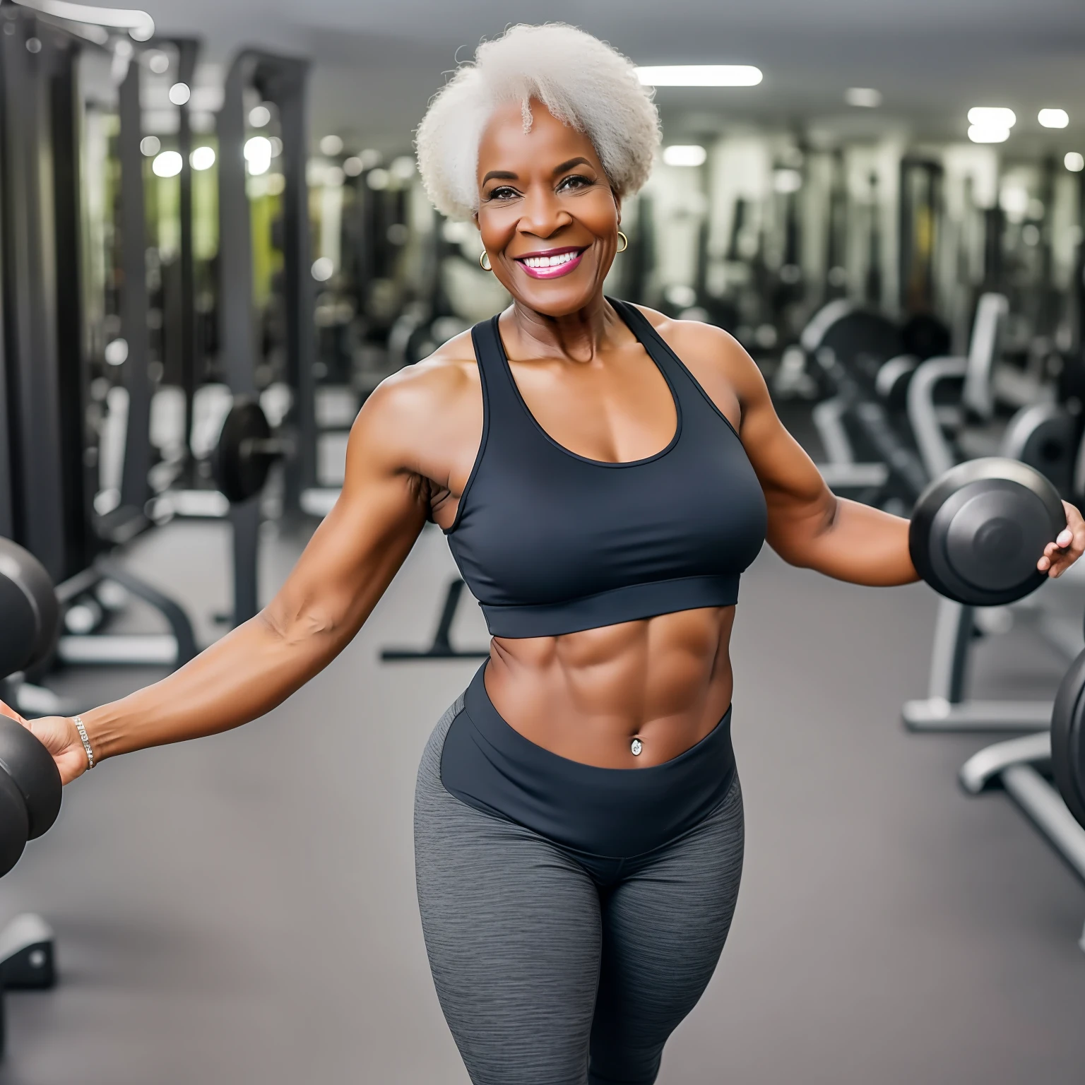 Photorealistic image of healthy black woman over 60 years old, wearing gym clothes, tights, smiling and posing, being proud of the body she has