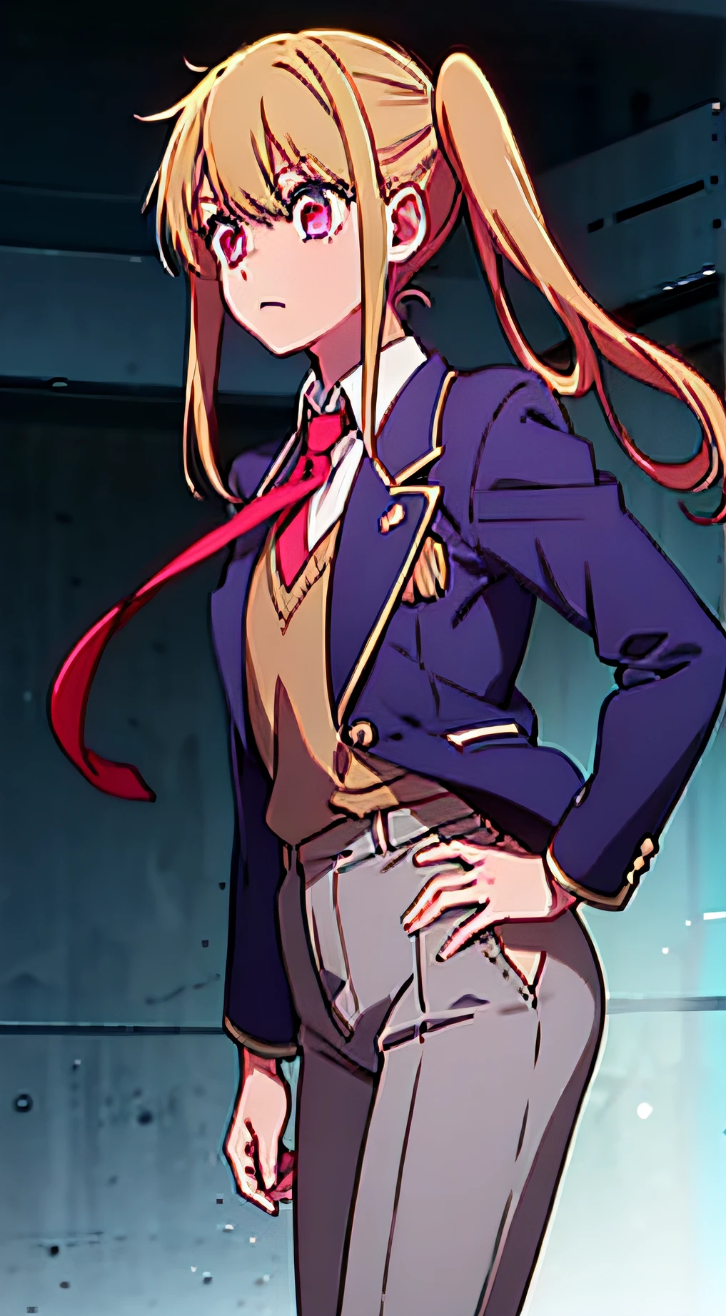 Kizi，Gray trousers，long pants，blonde hair，long whitr hair，Qi bangs，Pink eyes，Blue school uniform jacket，red necktie，Six-pointed star-shaped eyes，eyes glowing，side ponytail，long whitr hair，Laser eye，grey trousers。