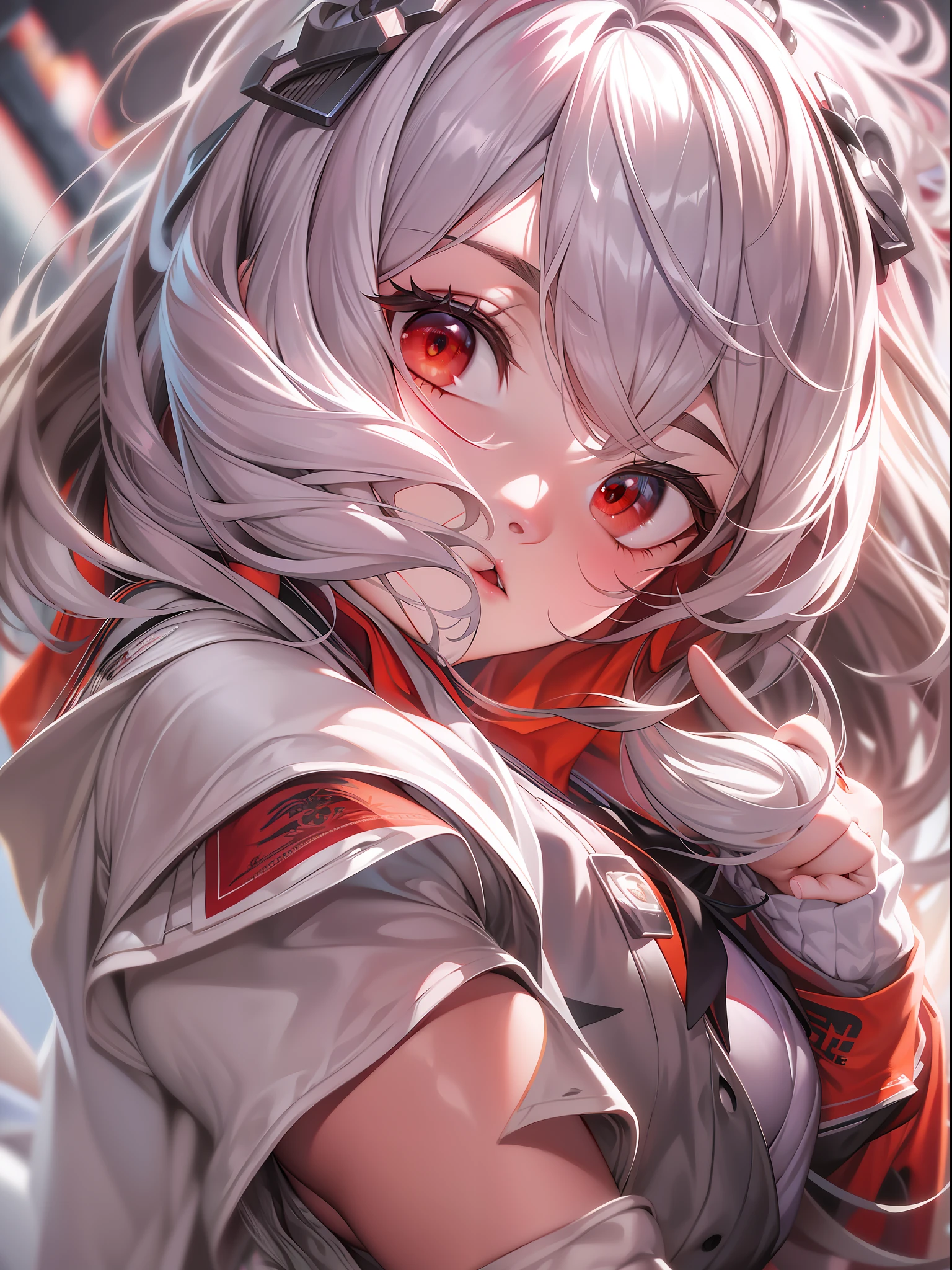 (CG Unity 8K wallpaper with the best picture quality and ultra-detail、tmasterpiece),Floating、A high resolution、dynamic angle、Dynamic pose、A young girl、Silvery hair(1.3)、red color eyes、Morbidly cute、Nikkei Student System