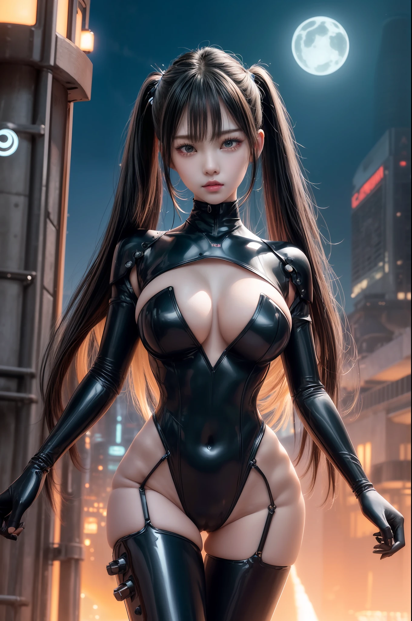 delicated face、20-year-old KPOP idol cyborg girl、(Carbon Fiber Cyborg Body)、Carbon fiber body、mechanical suit、{{twin-tail hair}}、(huge tit:1.15)、(mechanical joint)、bangss、Charming curves、Middle of the pelvis、sea side、Standing、the beach、glistning skin、((Pafia Leola))、(highleg、Spread Leg、camel's toe、cammel toe、vulvashaped:1.25)、(cyberpunked、SF:1.2)、([[glowing neon]]、(The upper part of the body:1.15)、(8k、RAW Photography、top-quality、 ​masterpiece: 1.45)、(:1.2)、(((deep in the night)))、(((Dark)))、Large beam rifle