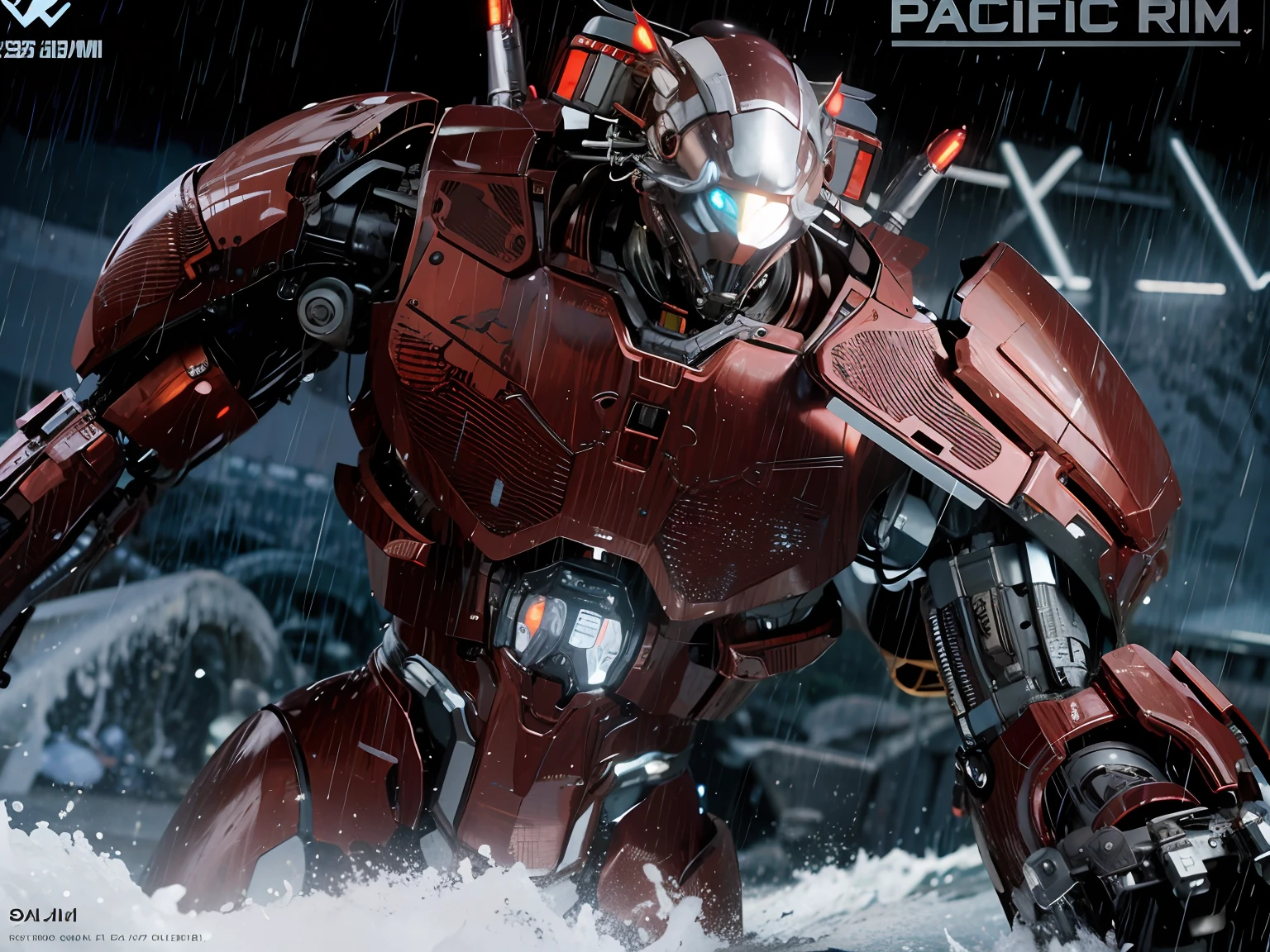 Close-up of a robot in the rain,lights on,Pacific Rim mech in the background,broken ruins,From the Pacific Rim,Pacific Rim,Movie Pacific Rim,red color mecha,artstation masterpiece,Cliff jumping,wallpaper hd,seapunk mecha,full body red mech,tremendous mecha robot,mechs
