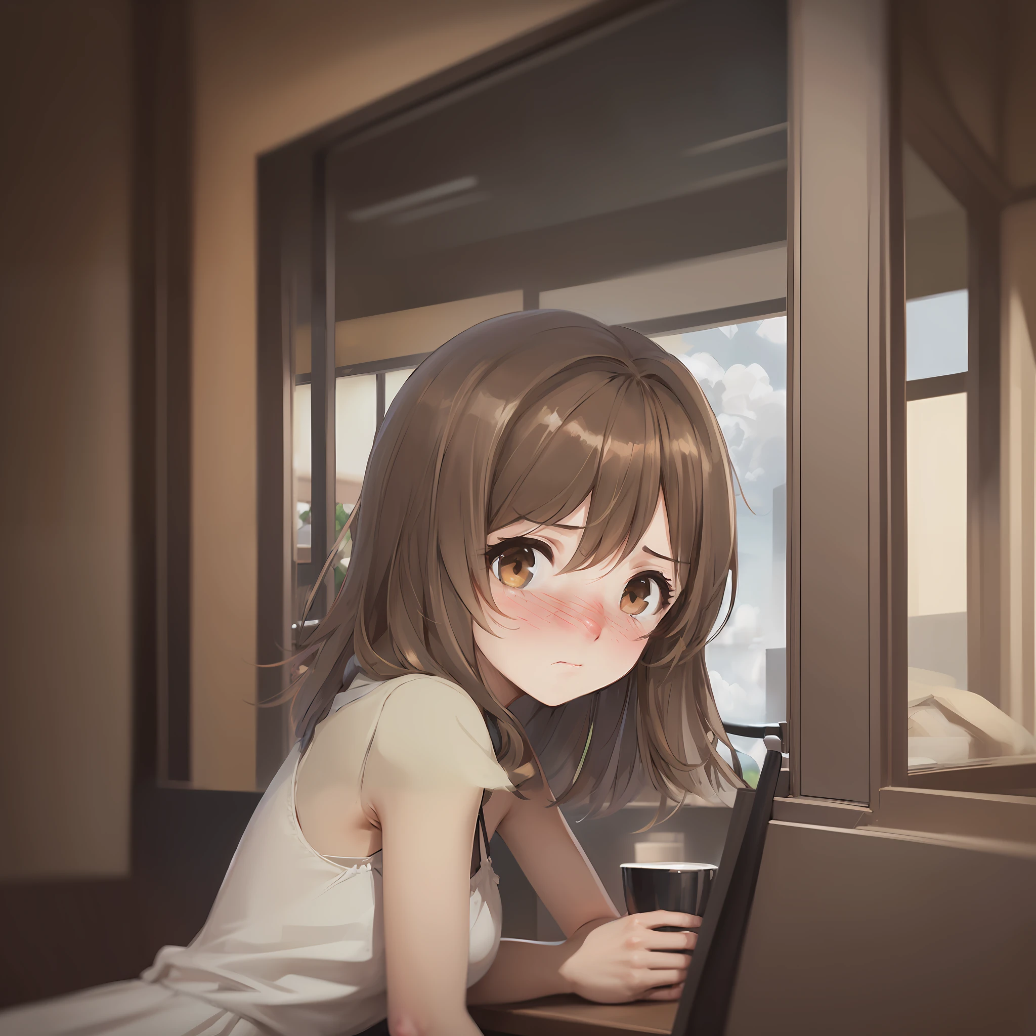 masutepiece, Best Quality, Highly detailed, 1girl in, Solo, White sleeveless dress, cafes, monika, Brown eyes, Brown hair, Short bob hair,close-up,Pitch black eyes,A face full of regret,depressed, Sadly,