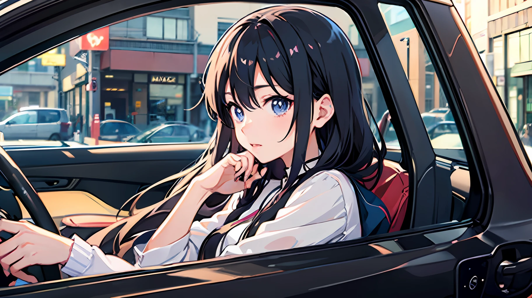 Anime girl sitting in car with hand on chin, Anime visuals of cute girls, Seductive Anime Girl, charming anime girls, anime styled, High quality anime art style, Beautiful anime girl, young anime girl, Anime Girl, Anime Girl with Long Hair, an anime girl, Cute anime girl