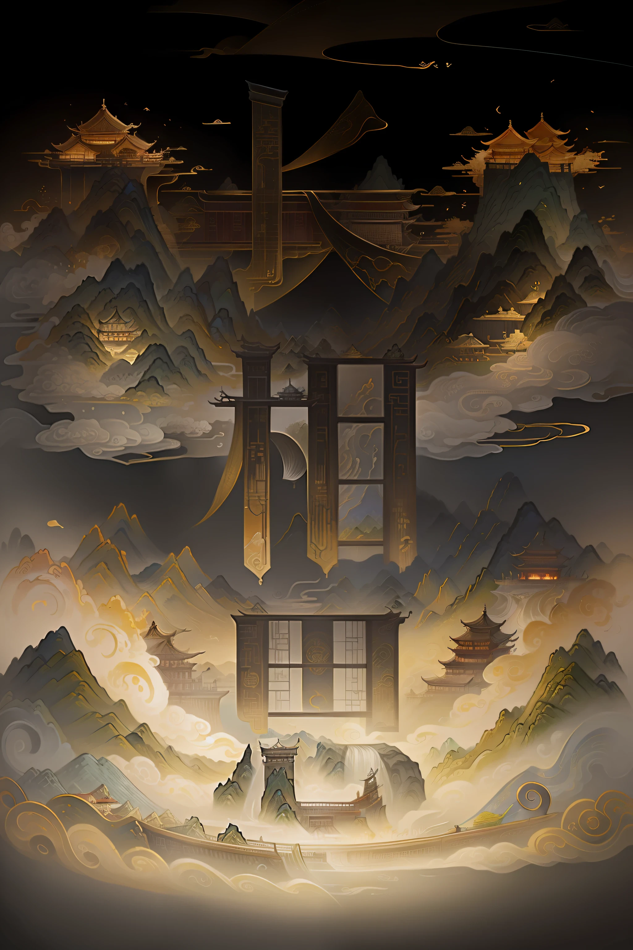 An ancient Chinese painting, ancient Chinese background, mountains, rivers, auspicious clouds, pavilions, sunshine, masterpieces, super detail, epic composition, ultra HD, high quality, extremely detailed, official art, unified 8k wallpaper, Super detail, 32k -- v 6