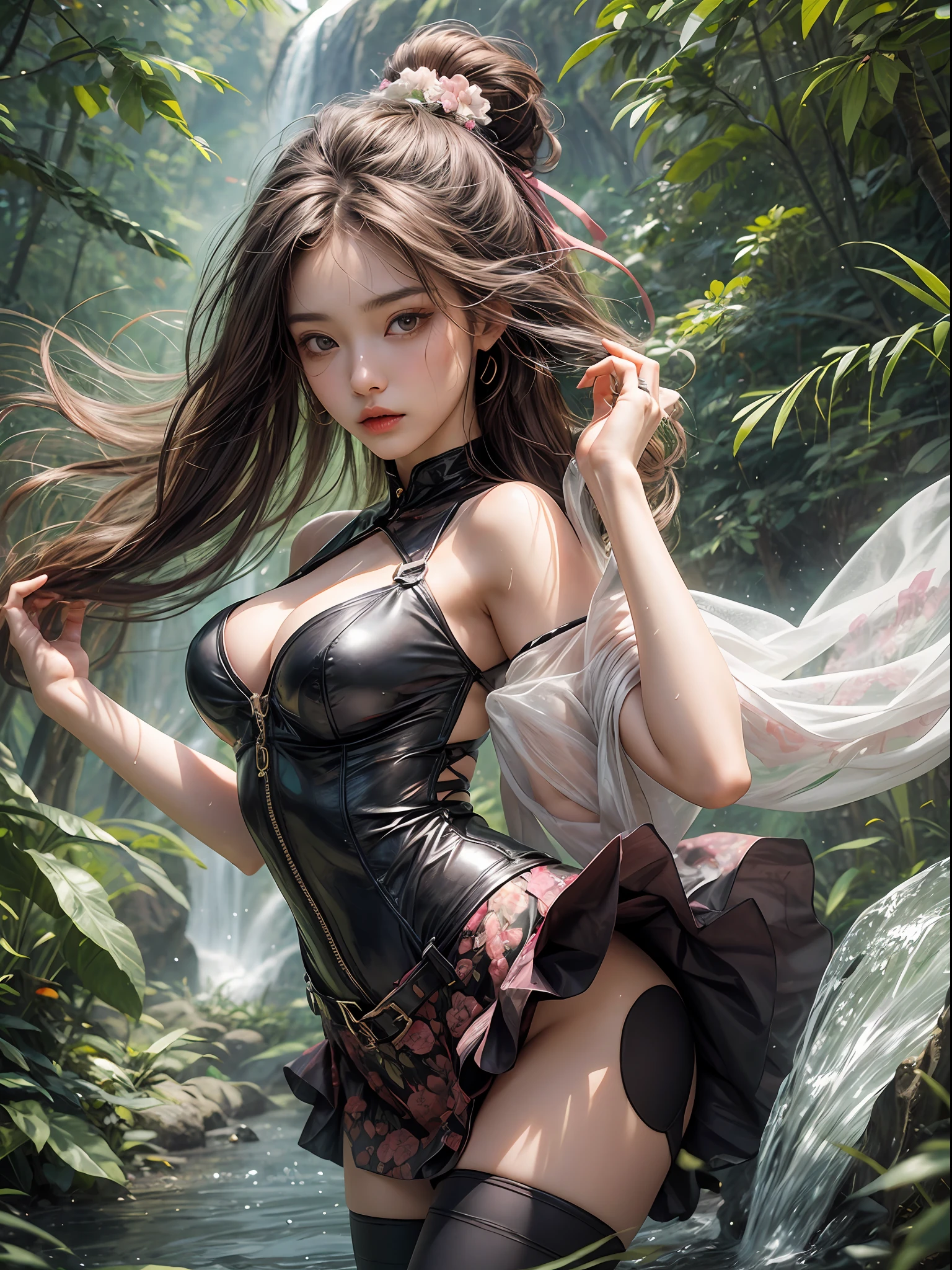 Holding a large see-through stole with pale pink floral pattern with both hands、Swaying in the wind。dark color、shackle、Halter Neck Bodysuit、Rubber Suit Corset、garterbelts、Upper eye、light-colored skin and loose navel skin,,,,,,,,,,,,,,,,,,,,。Skirt flutters in the wind and spreads。Dynamic Posing。Dancing Poses。
Loose clothing shows shoulders。Very beautiful girl at 19 years old。
Hair swaying in the wind。 masutepiece、Best Photoreal、portlate、Sheer clothing、wetted skin、Wet hair、Sexy look、Functional、Bewitching、Clothes with an open back、Oblique composition、Waterfall in the forest、Big hair ornament、Medium chest、Navel Ejection、Shiny knee-high socks、Bold open chest clothes、、hair adornments、