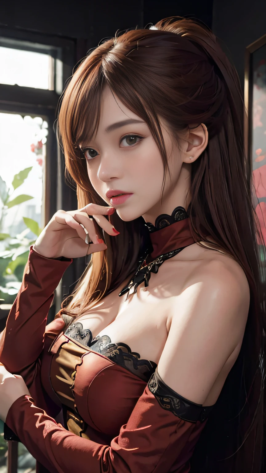 (1girll:1.3)、Red color clothes,独奏、__Body parts__、offcial art、统一 8k 壁纸、ultra - detailed、Beauty and aesthetics、big breasts beautiful、tmasterpiece、best qualtiy、Fantastical Atmosphere、calm color palette、Tranquil Mood、soft shade、Charisma spells、vignettes、Witch duties、