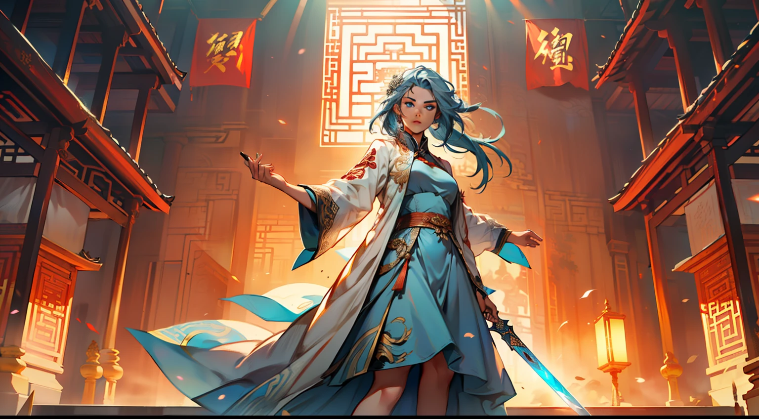 29, (1 person) (Kizi ,(((Blue Eyes))),(((Long Blue hair))),Light blue dress with white light gauze jacket, young woman graceful and dignified, Sword in hand，Stabbing forward) (Background: Inside the sacred and magnificent ancient Chinese imperial palace).