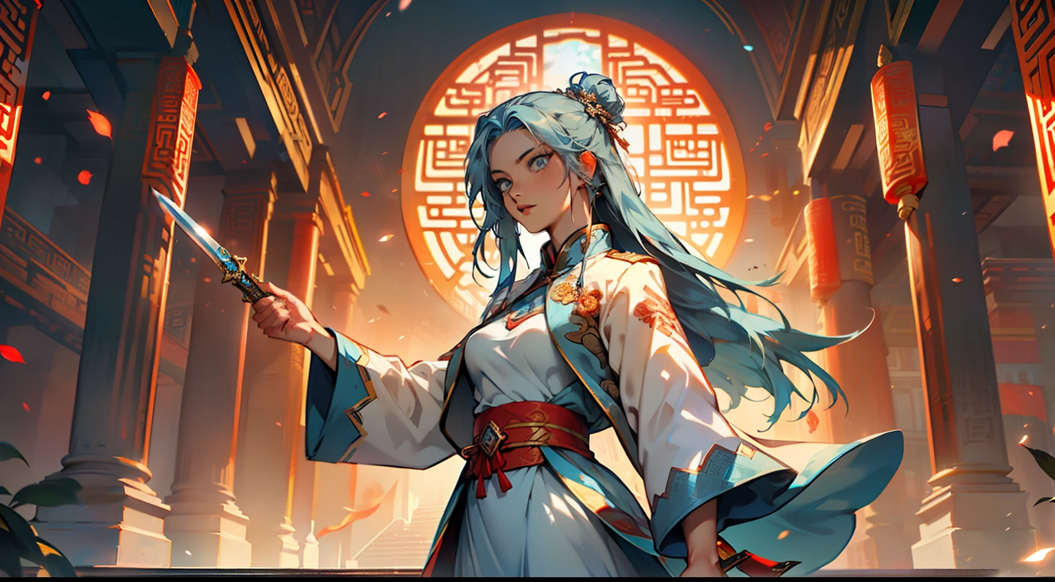 29, (1 person) (Kizi ,(((Blue Eyes))),(((Long Blue hair))),Light blue dress with white light gauze jacket, young woman graceful and dignified, Sword in hand,Stabbing forward) (Background: Inside the sacred and magnificent ancient Chinese imperial palace).