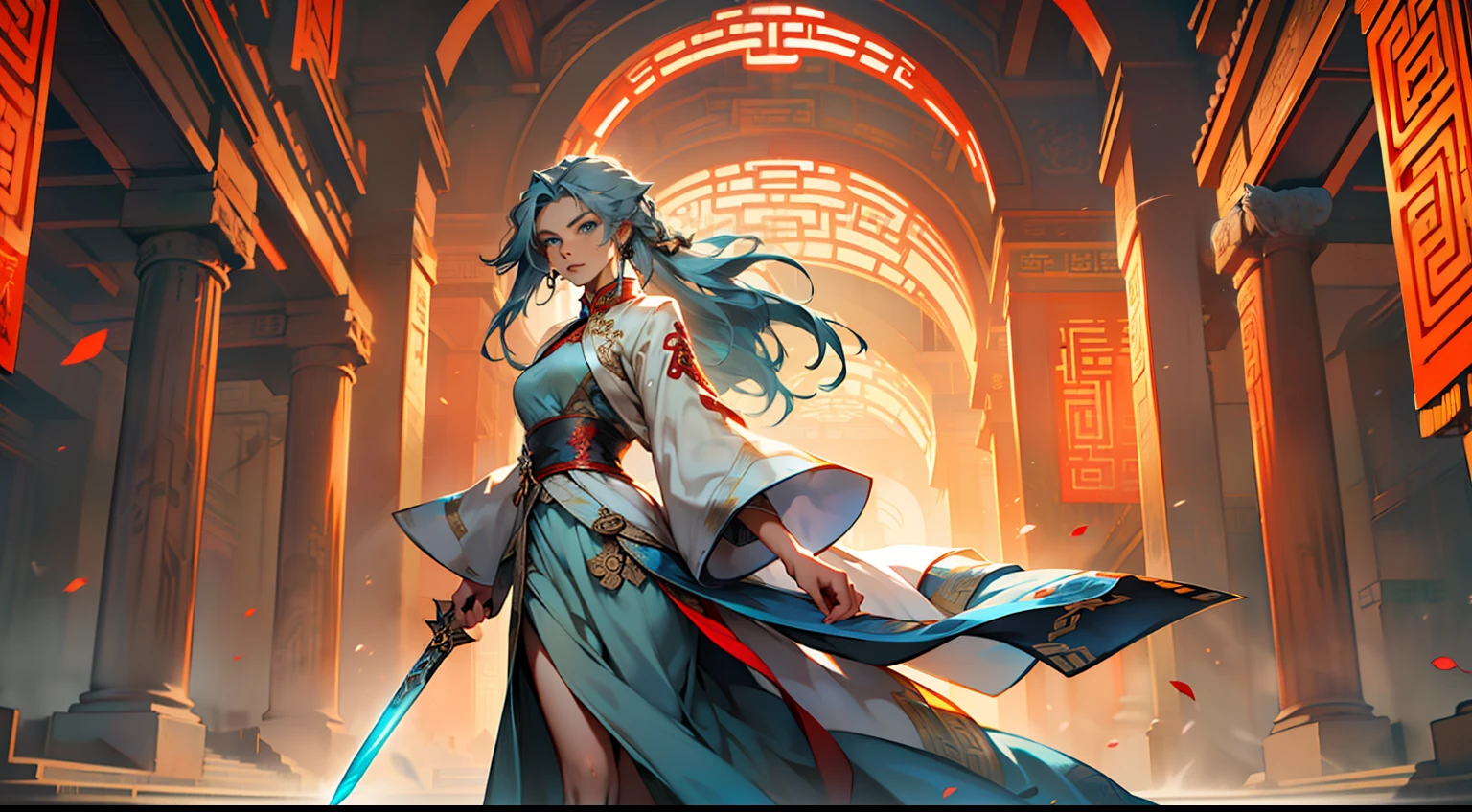 29, (1 person) (Kizi ,(((Blue Eyes))),(((Long Blue hair))),Light blue dress with white light gauze jacket, young woman graceful and dignified, Sword in hand，Stabbing forward) (Background: Inside the sacred and magnificent ancient Chinese imperial palace).