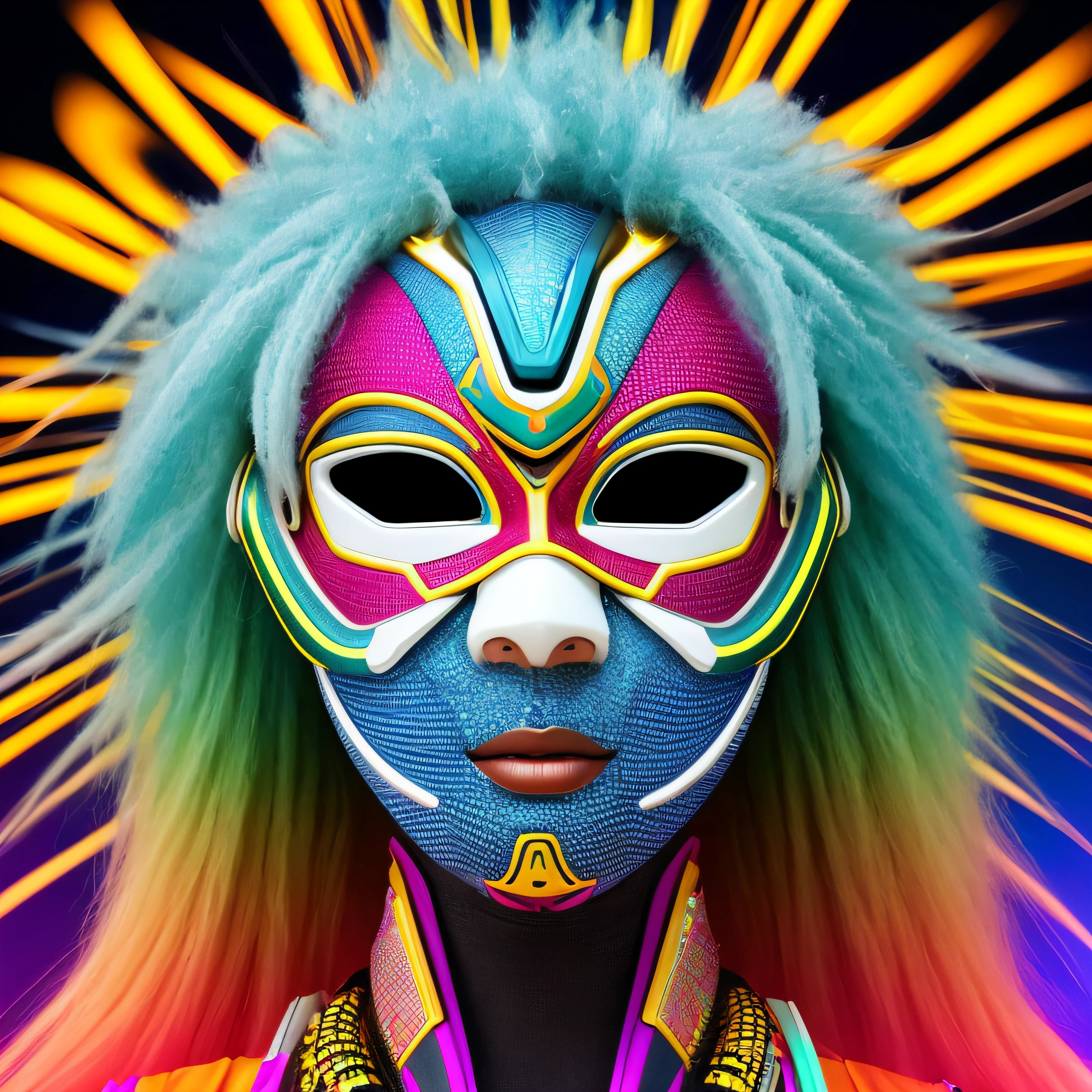 Create a super technological mask, futurista, Tribal, africana, super colorida e com muitos detalhes, fundo branco, 8k, melhor qualidade, imagem profissional, sem sombras, cores vivas