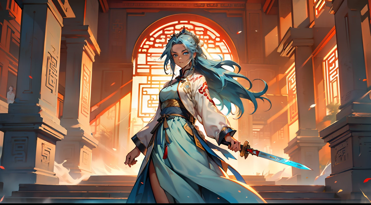 29, (1 person) (Kizi ,(((Blue Eyes))),(((Long Blue hair))),Light blue dress with white light gauze jacket, young woman graceful and dignified, Sword in hand,Stabbing forward) (Background: Inside the sacred and magnificent ancient Chinese imperial palace).