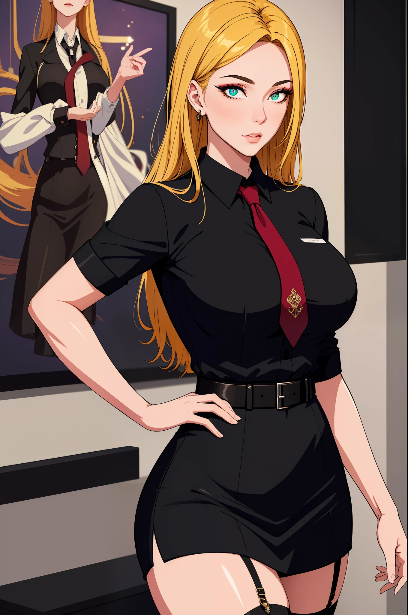 (masterpiece, highres, best quality:1.2), 8K, highly detailed, intricate, colorful, vibrant image, sharp focus, cinematic) blonde hair, long hair, green eyes, body builder (Wearing black business outfit, black_collared shirt cropped jacket ,tie,necktie,black frilled skirt, garter straps, leather waist belt) (big perfect round breasts,hourglass body, thin waist,very thin waist, Photo realistic,(hyperrealistic:1)beautiful, masterpiece, best quality, extremely detailed face,perfect face,beautiful face, perfect lighting,detailed eye makeup, detail face, nice detailed eyes,nice hands, perfect hands,glowing eyes (realistic pupils,realistic iris:1) heavy eye makeup,(empty Casino)(Posing dynamically)